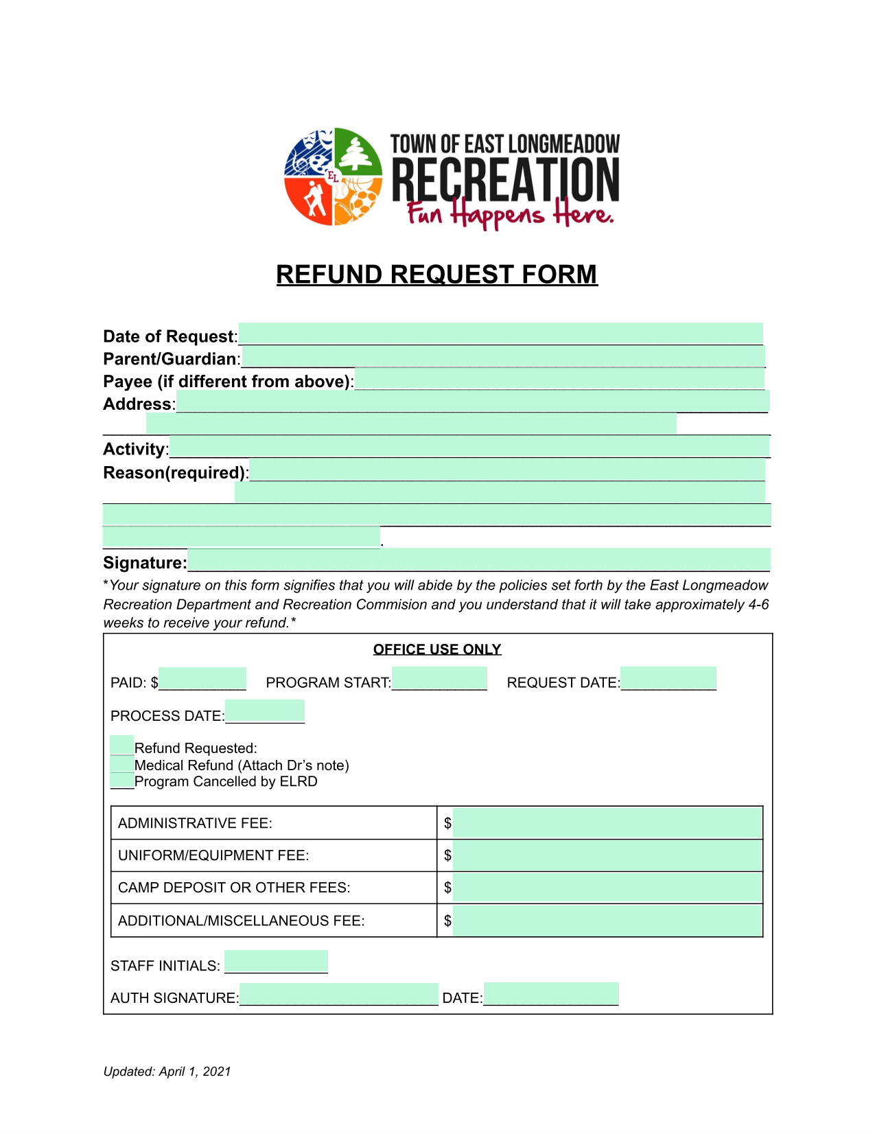 REFUND REQUEST FORM screenshot