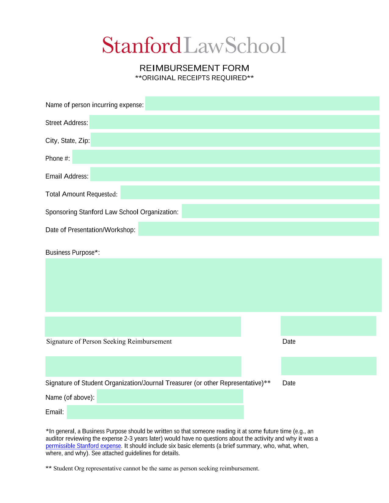 REIMBURSEMENT FORM screenshot