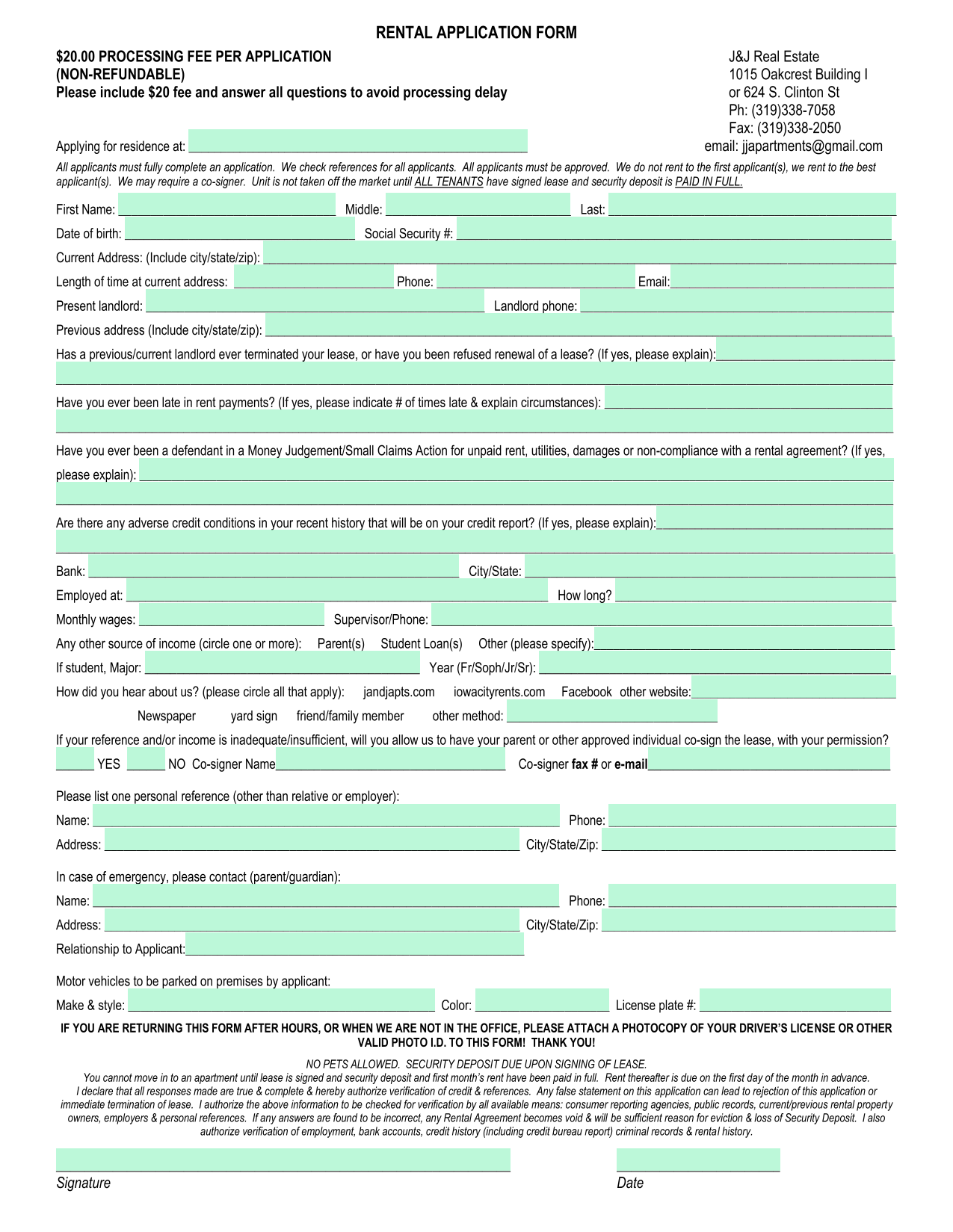 RENTAL APPLICATION FORM screenshot