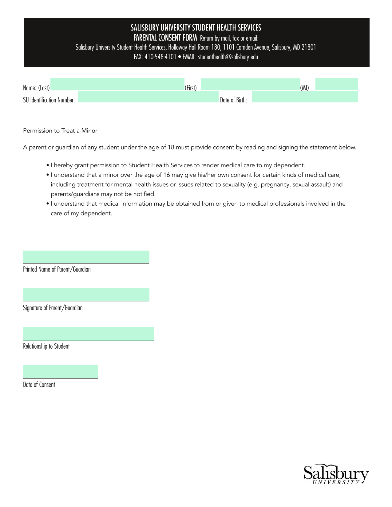 Salisbury University Student Health Services Parental Consent Form screenshot