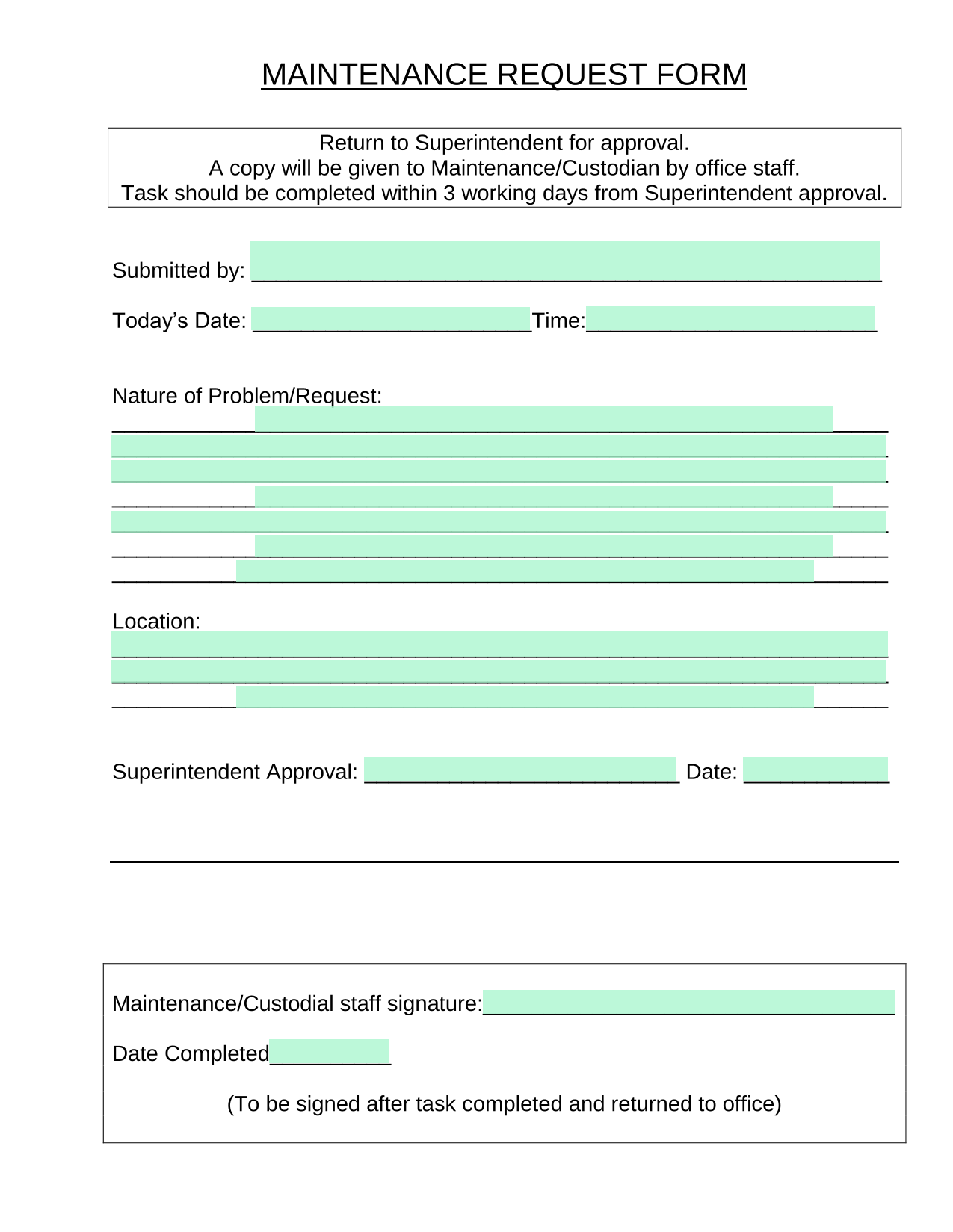 MAINTENANCE REQUEST FORM screenshot