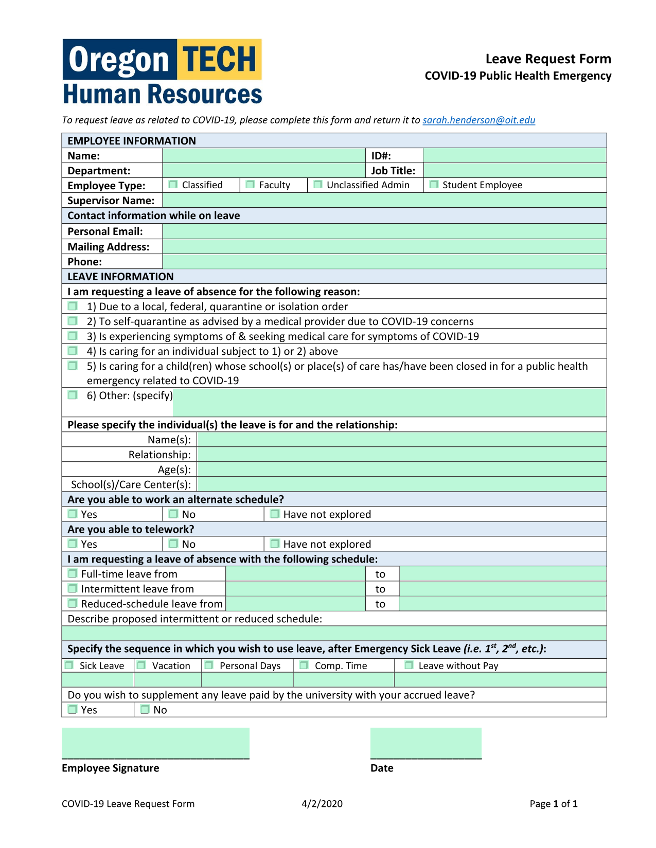 COVID19 Leave Request Form screenshot
