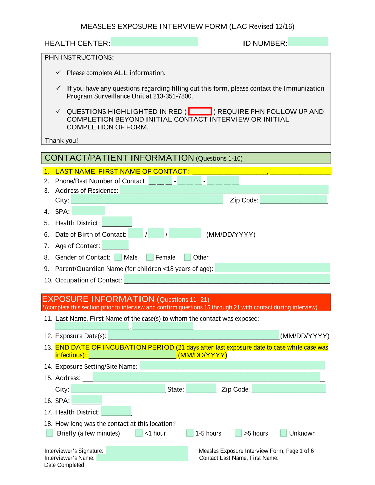Measles Exposure Interview Form screenshot