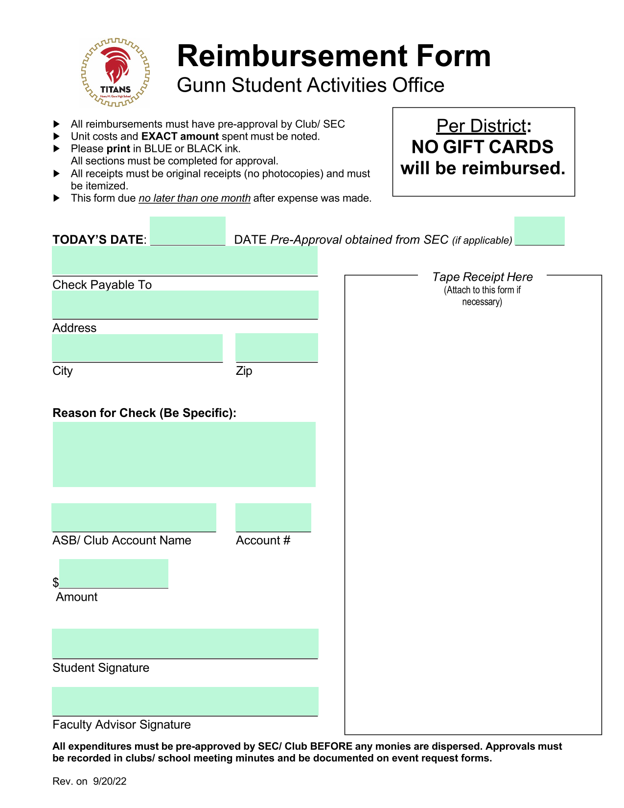 Reimbursement Form screenshot