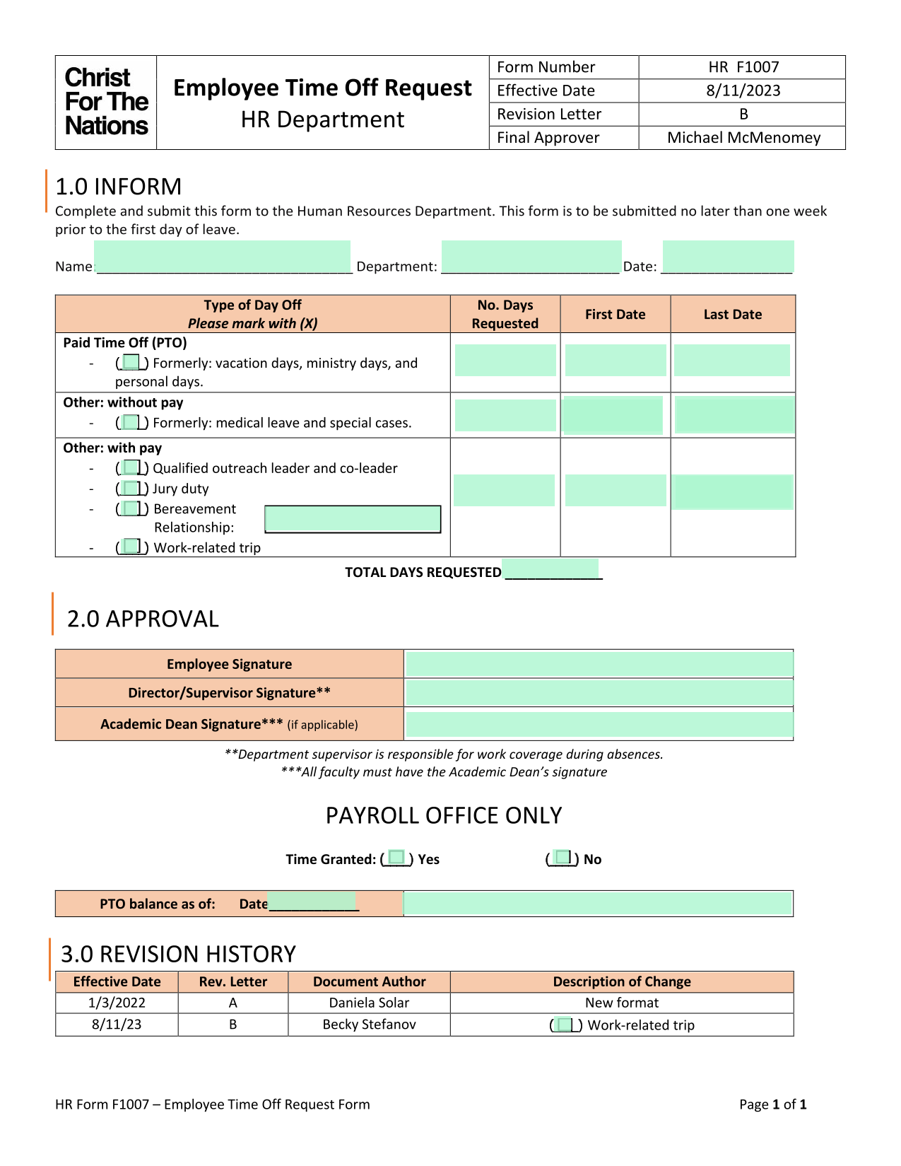 Employee Time Off Request screenshot