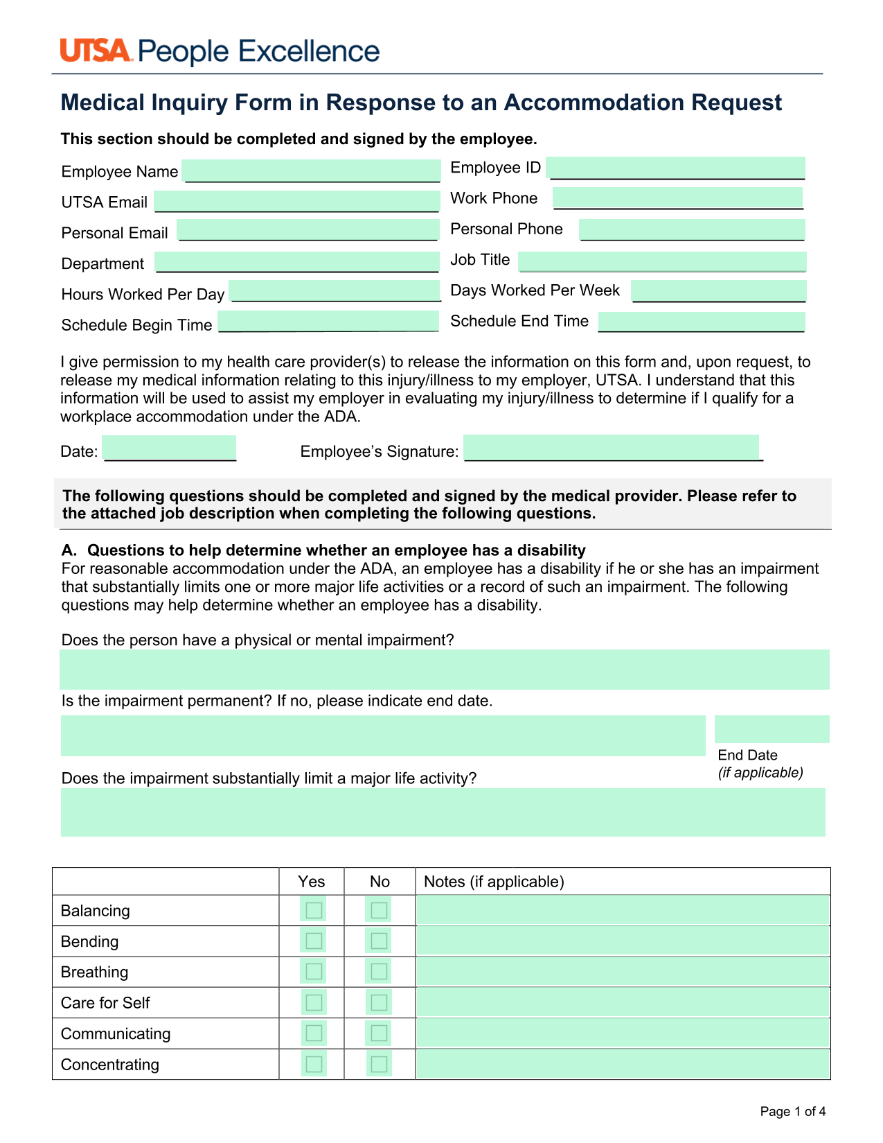 Medical Inquiry Form In Response To An Accommodation Request screenshot