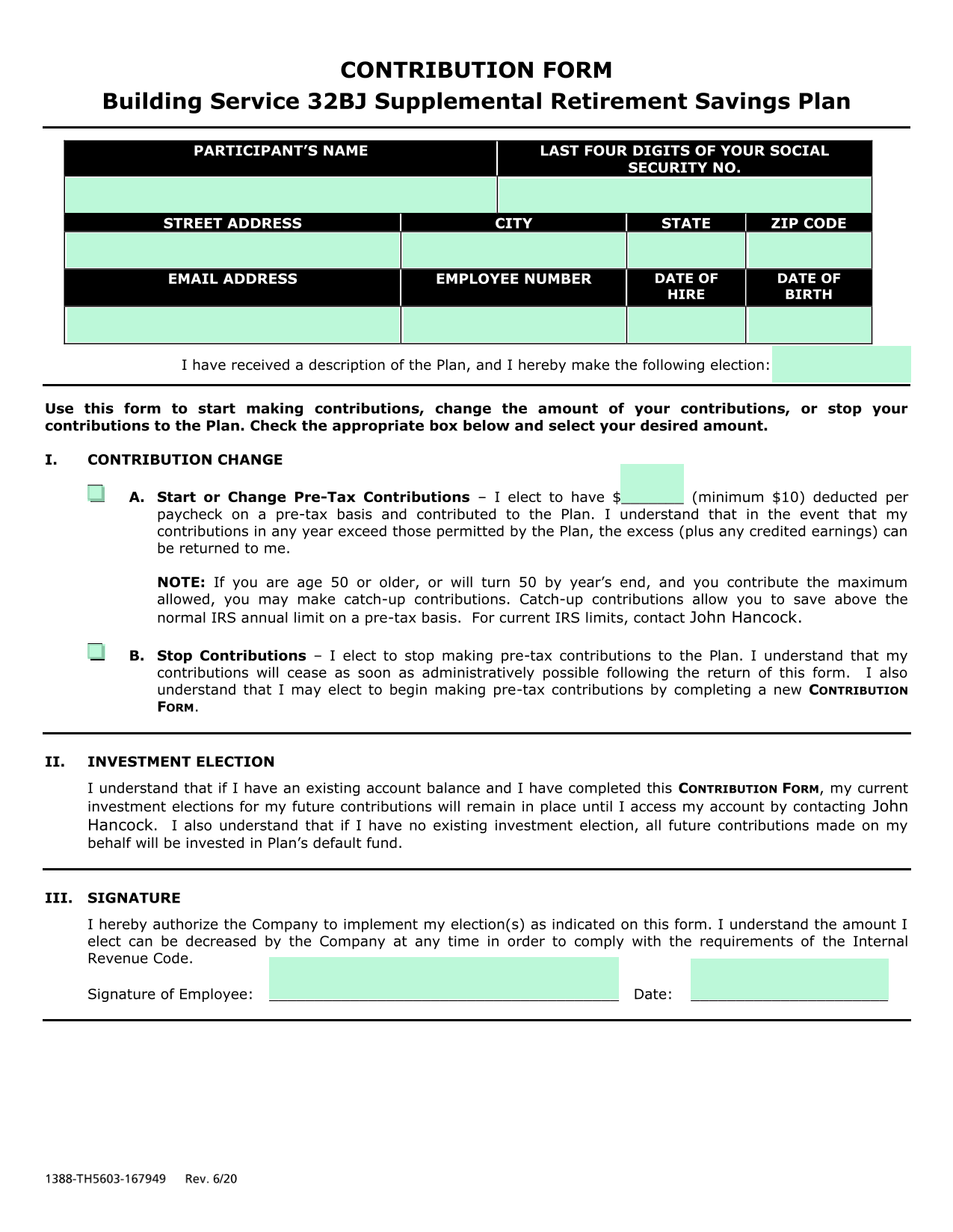 Contribution Form   Building Service 32BJ Supplemental Retirement Savings Plan screenshot