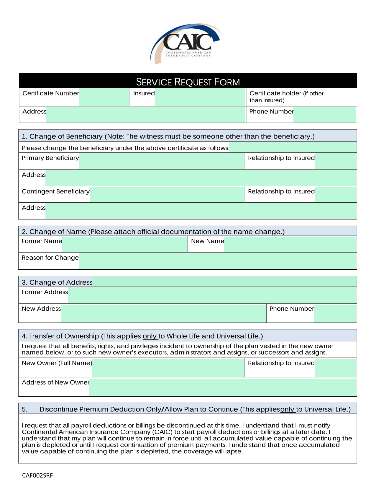 Service Request Form screenshot