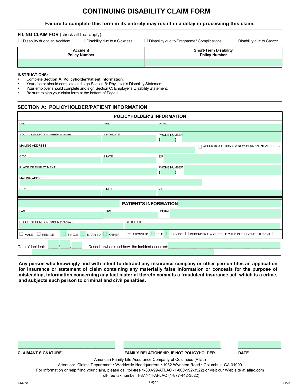 Continuing Disability Claim Form screenshot