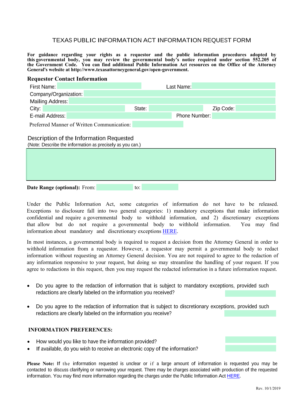 Texas Public Information Act Information Request Form screenshot