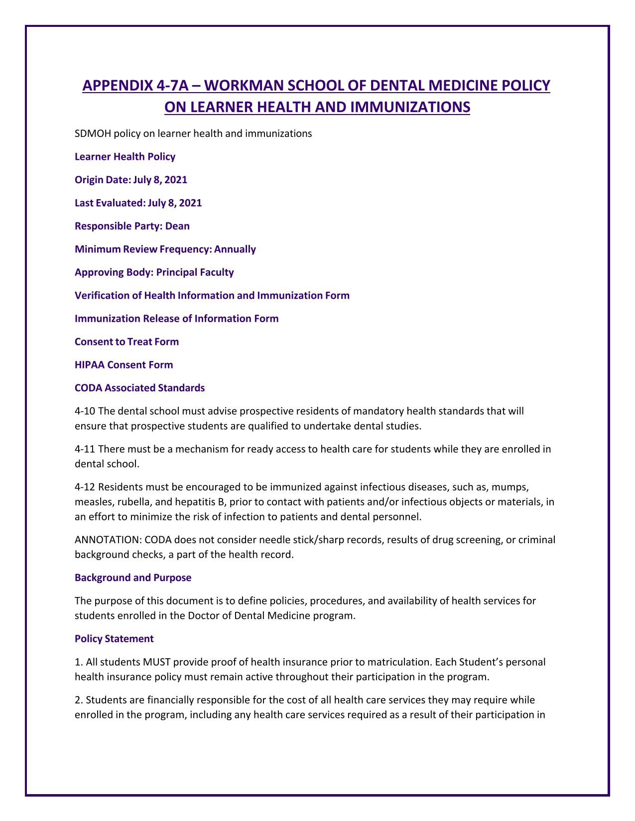 APPENDIX 4 7A  WORKMAN SCHOOL OF DENTAL MEDICINE POLICY ON LEARNER HEALTH AND IMMUNIZATIONS screenshot