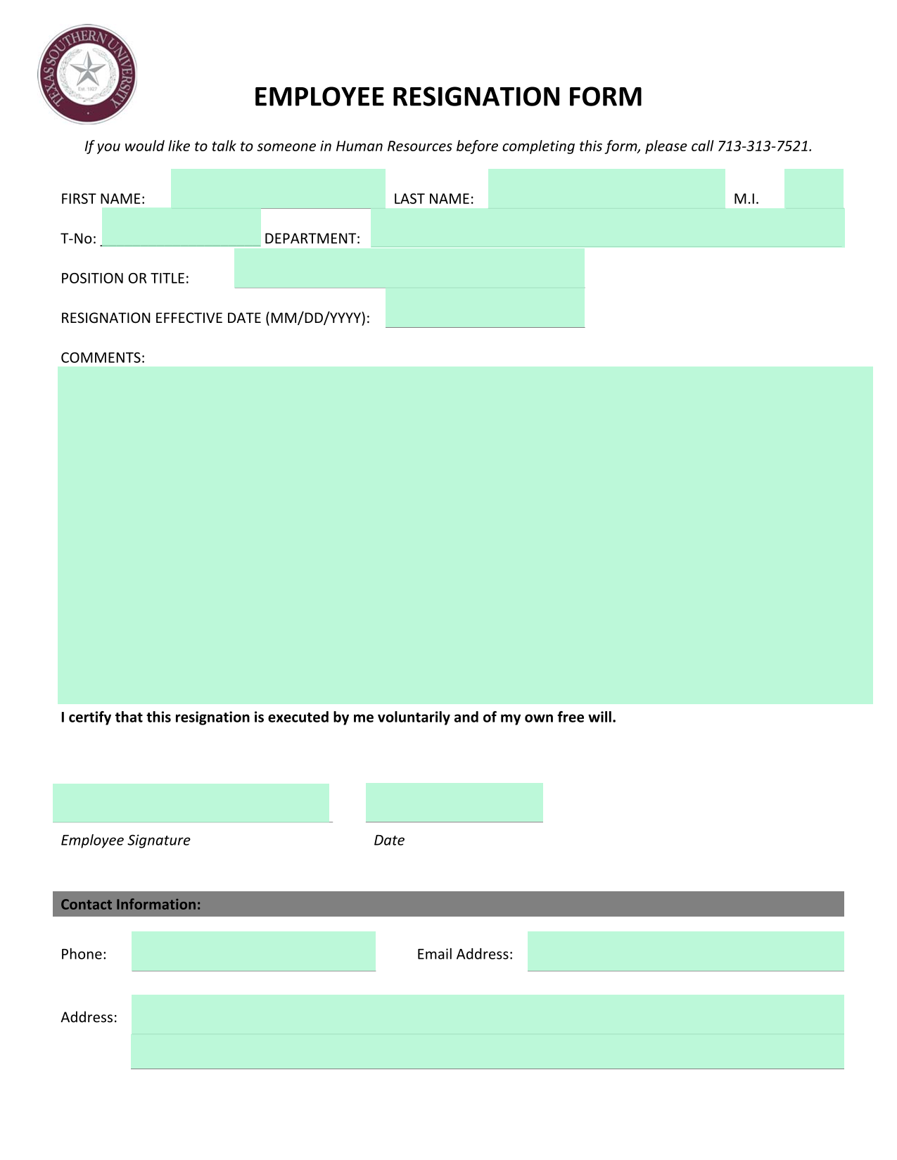 Employee Resignation Form screenshot