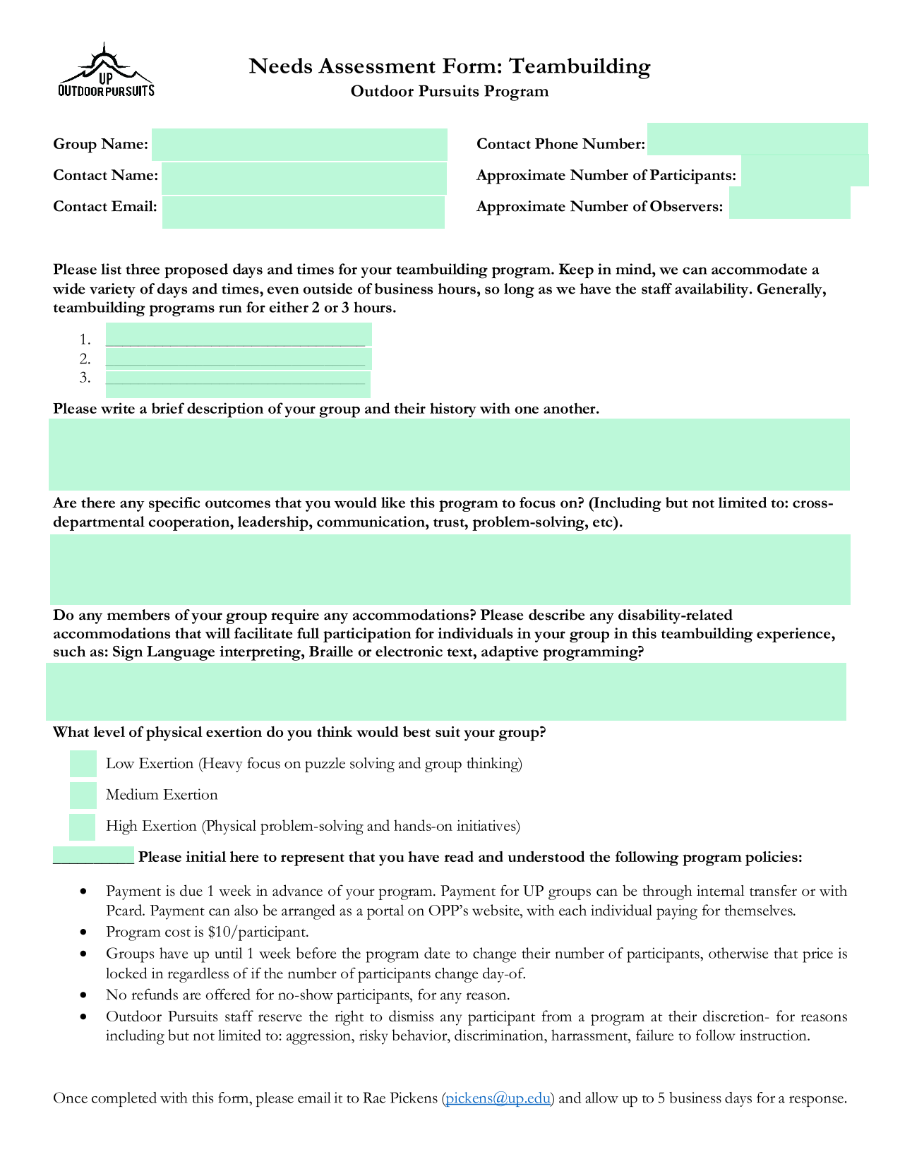 Needs Assessment Form Teambuilding Outdoor Pursuits Program screenshot