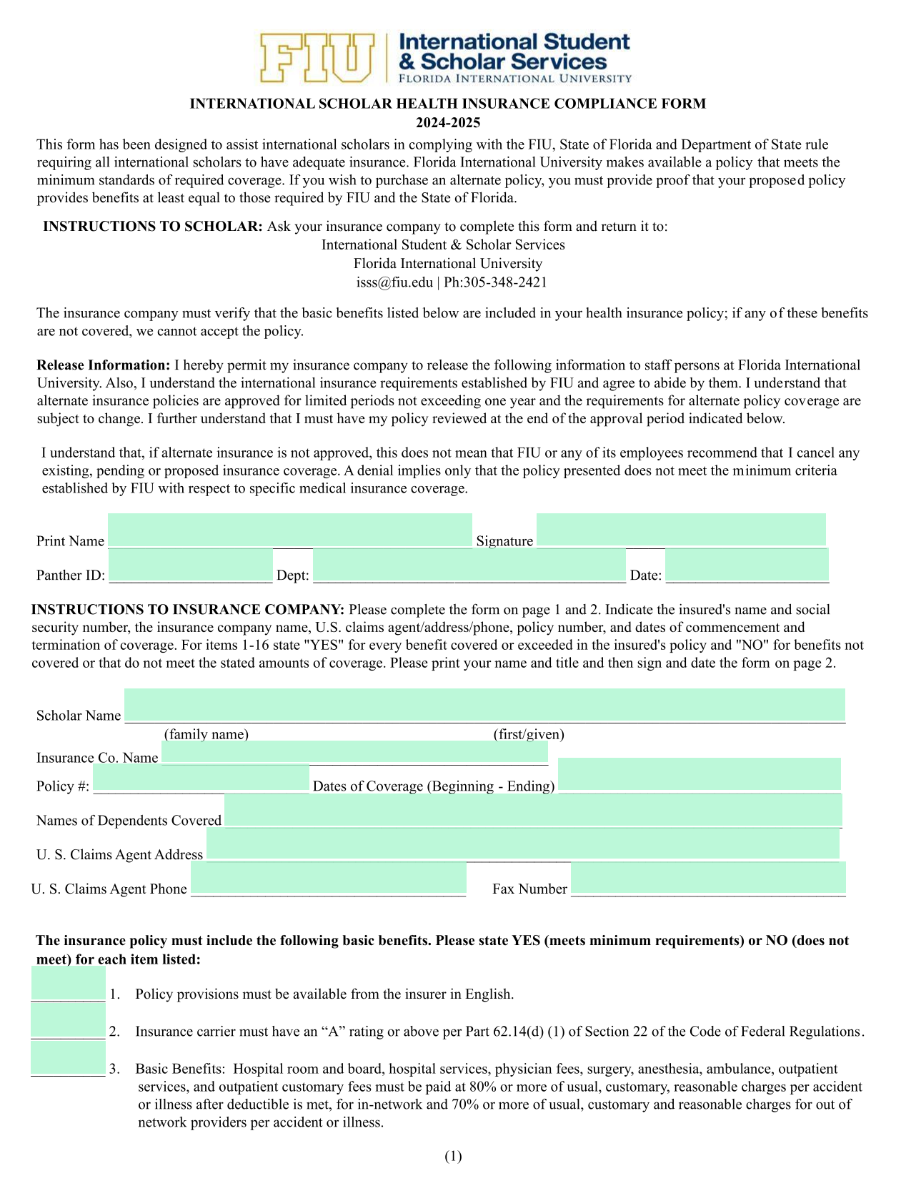 INTERNATIONAL SCHOLAR HEALTH INSURANCE COMPLIANCE FORM screenshot