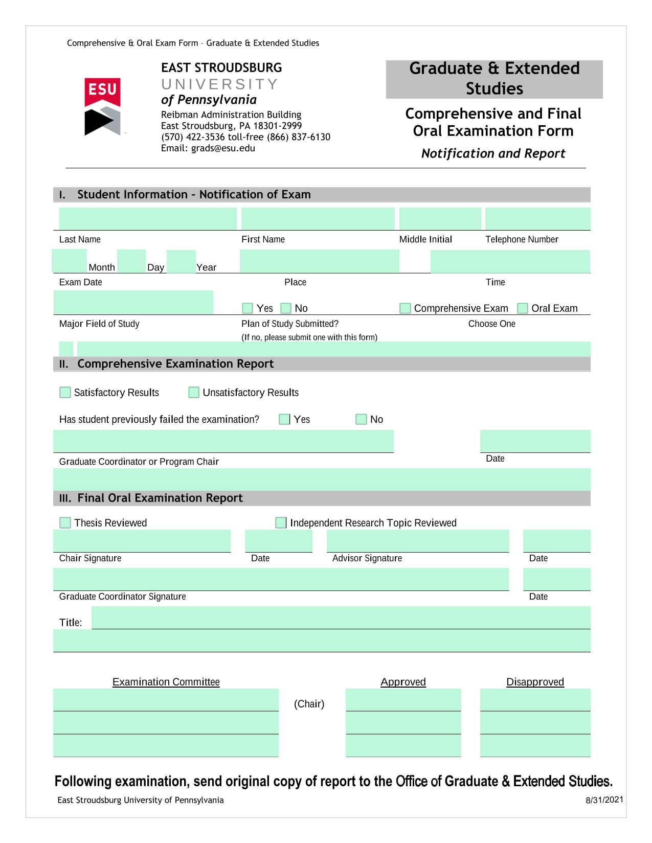 Comprehensive  Oral Exam Form  Graduate  Extended Studies screenshot
