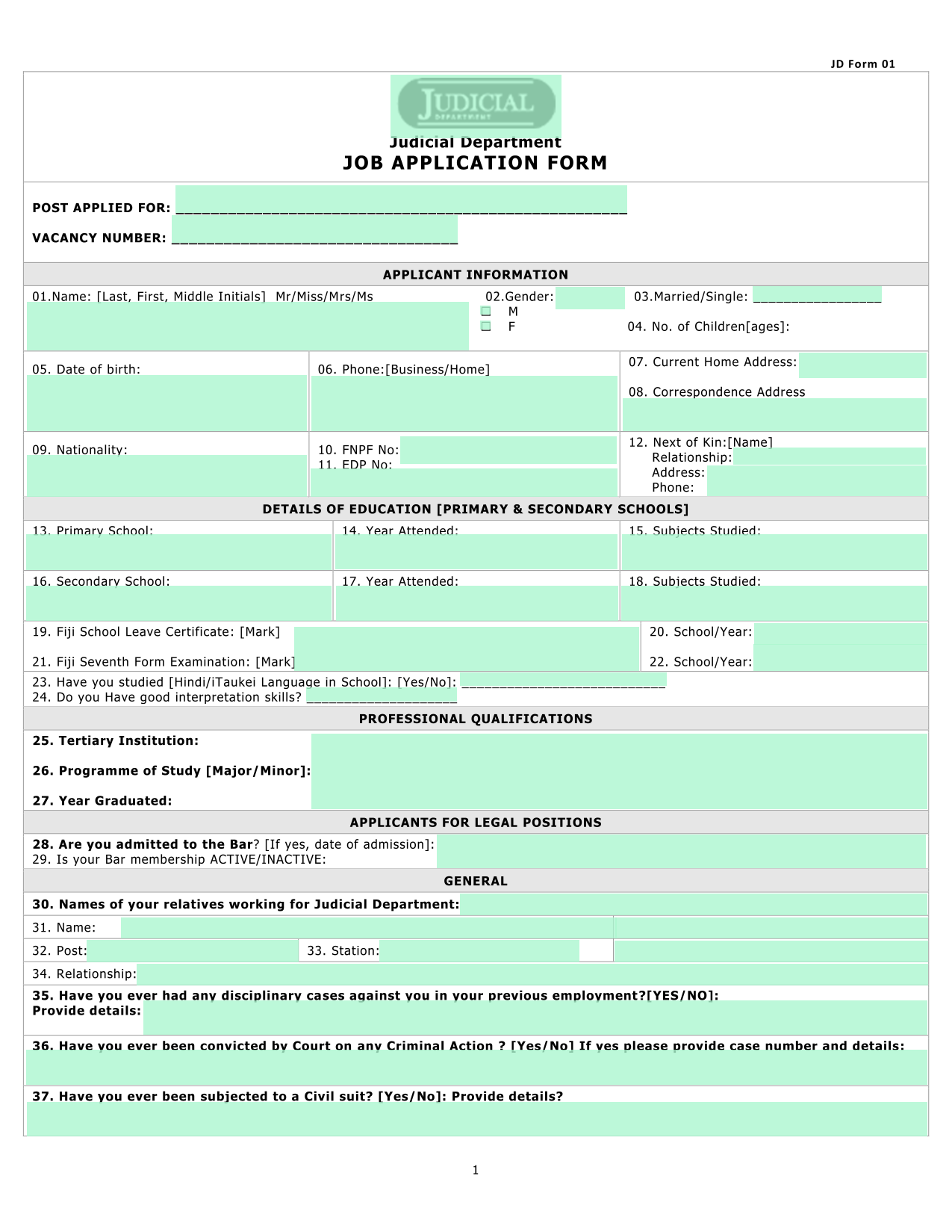 JOB APPLICATION FORM screenshot