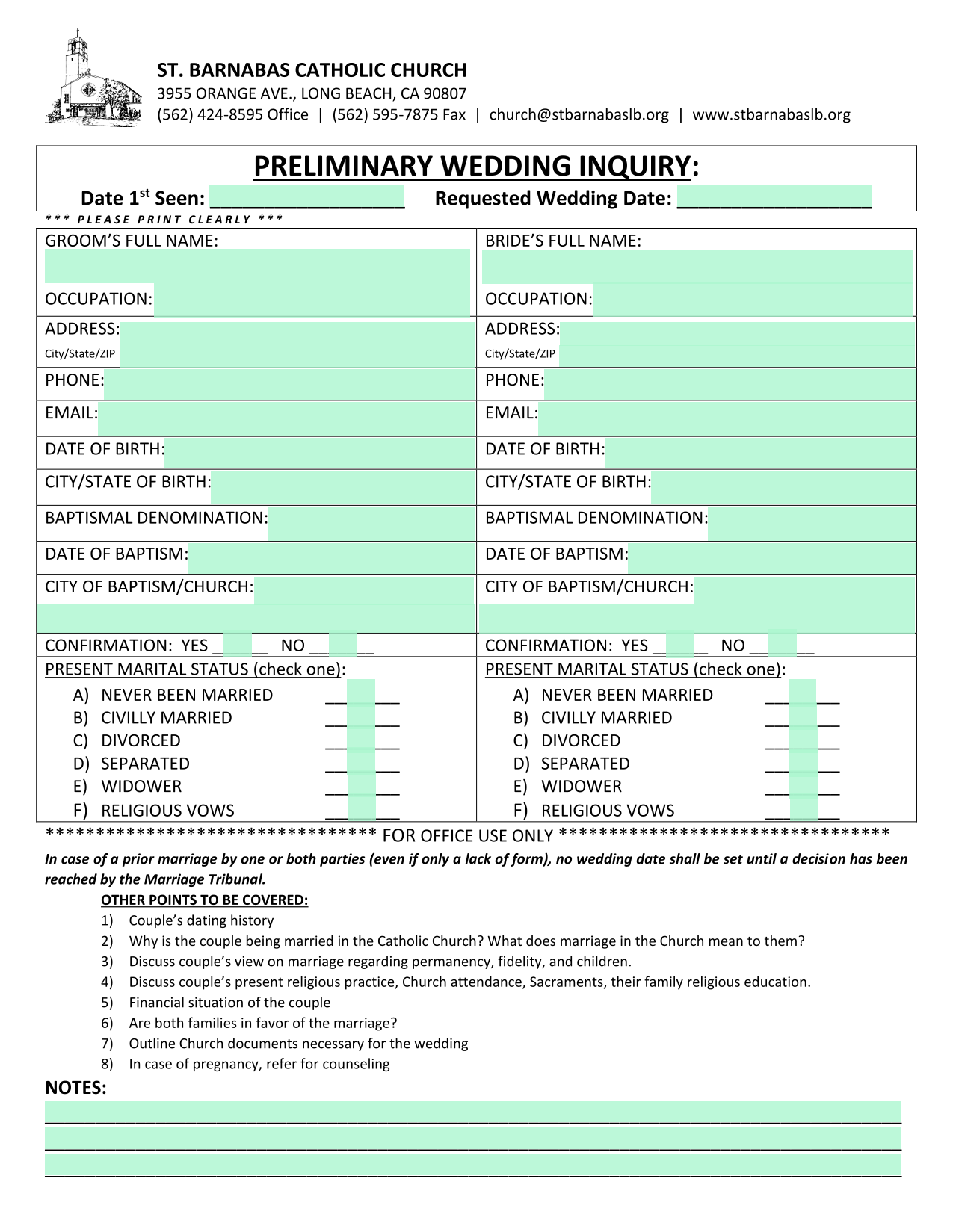 Preliminary Wedding Inquiry screenshot