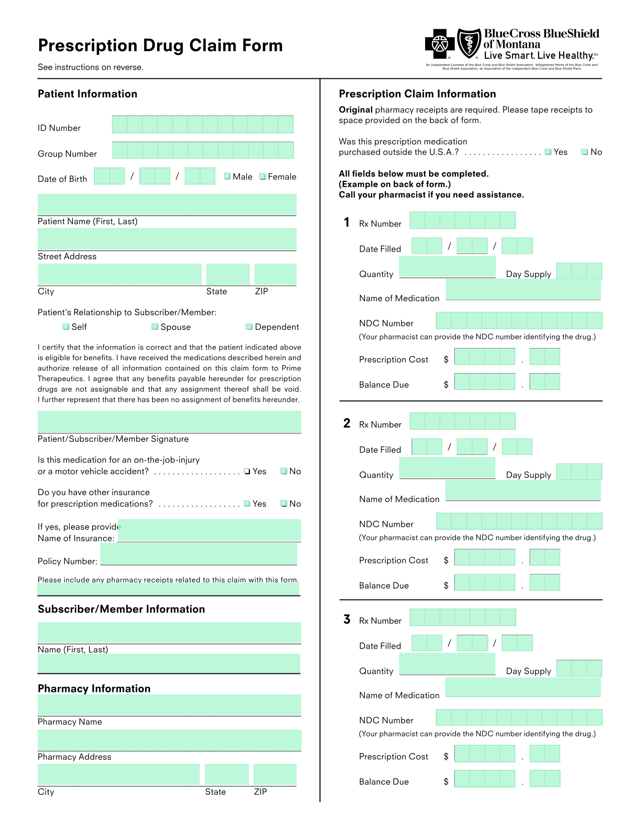 Prescription Drug Claim Form screenshot