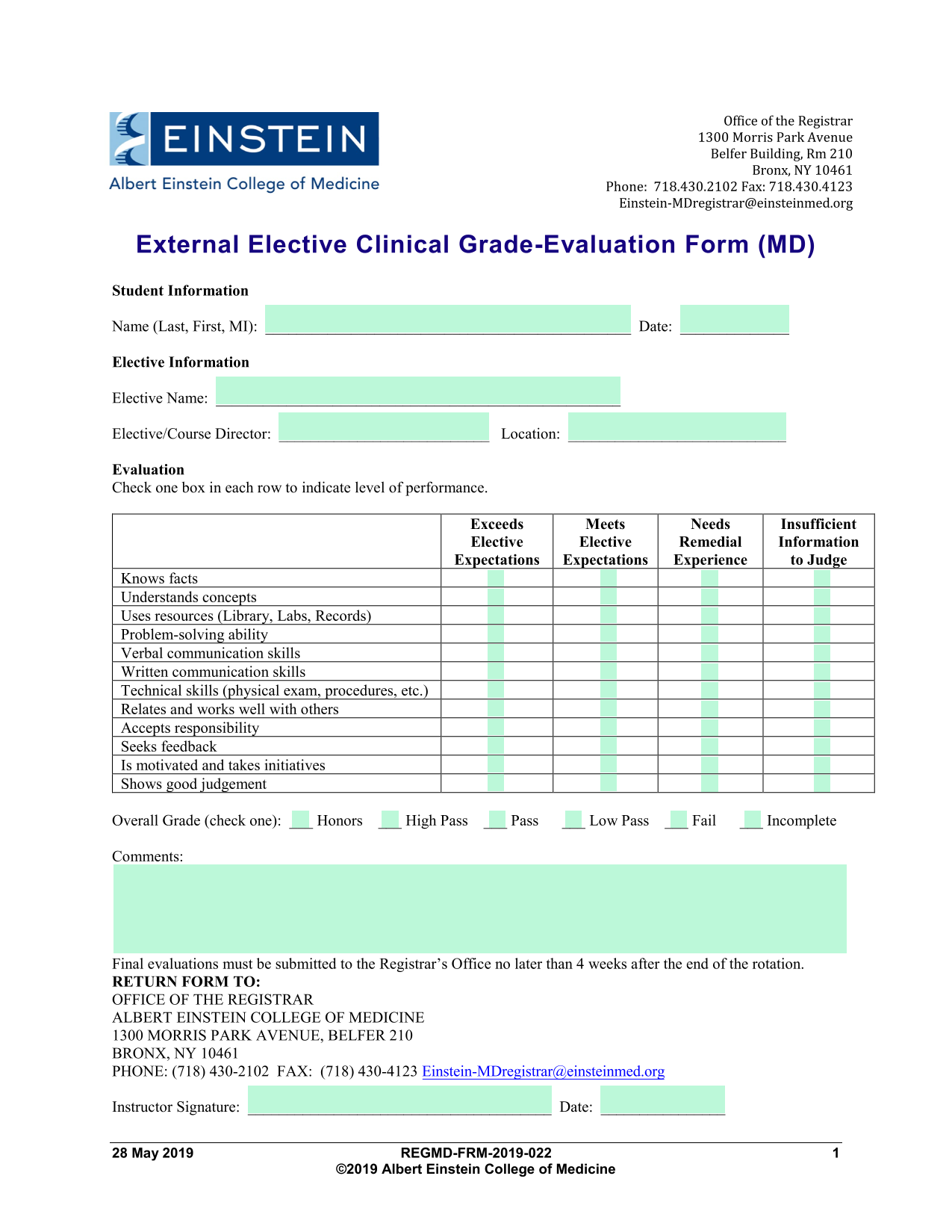 External Elective Clinical Grade Evaluation Form (MD) screenshot