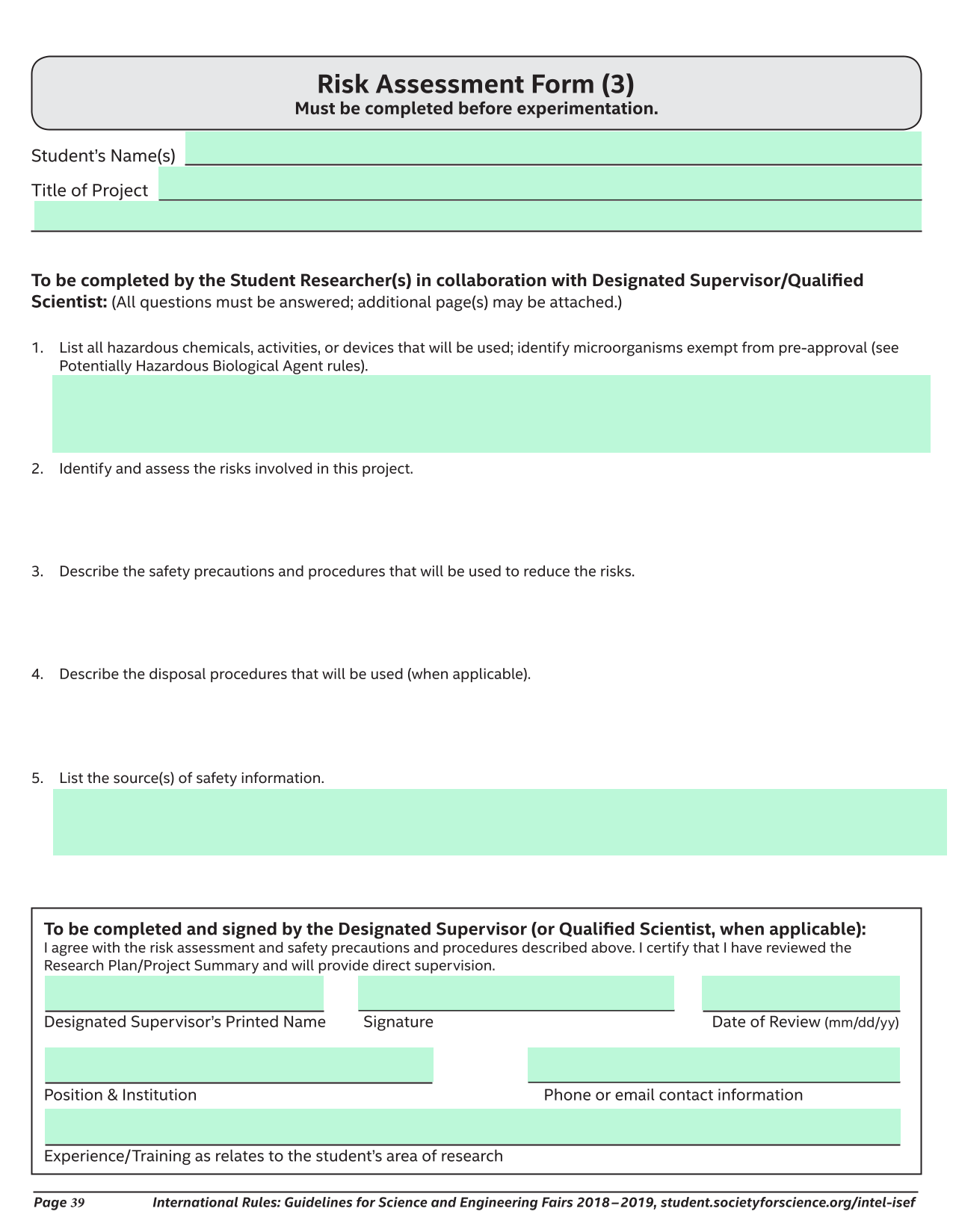 Risk Assessment Form screenshot
