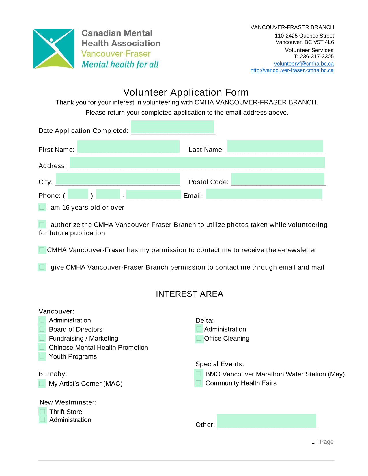 Volunteer Application Form screenshot