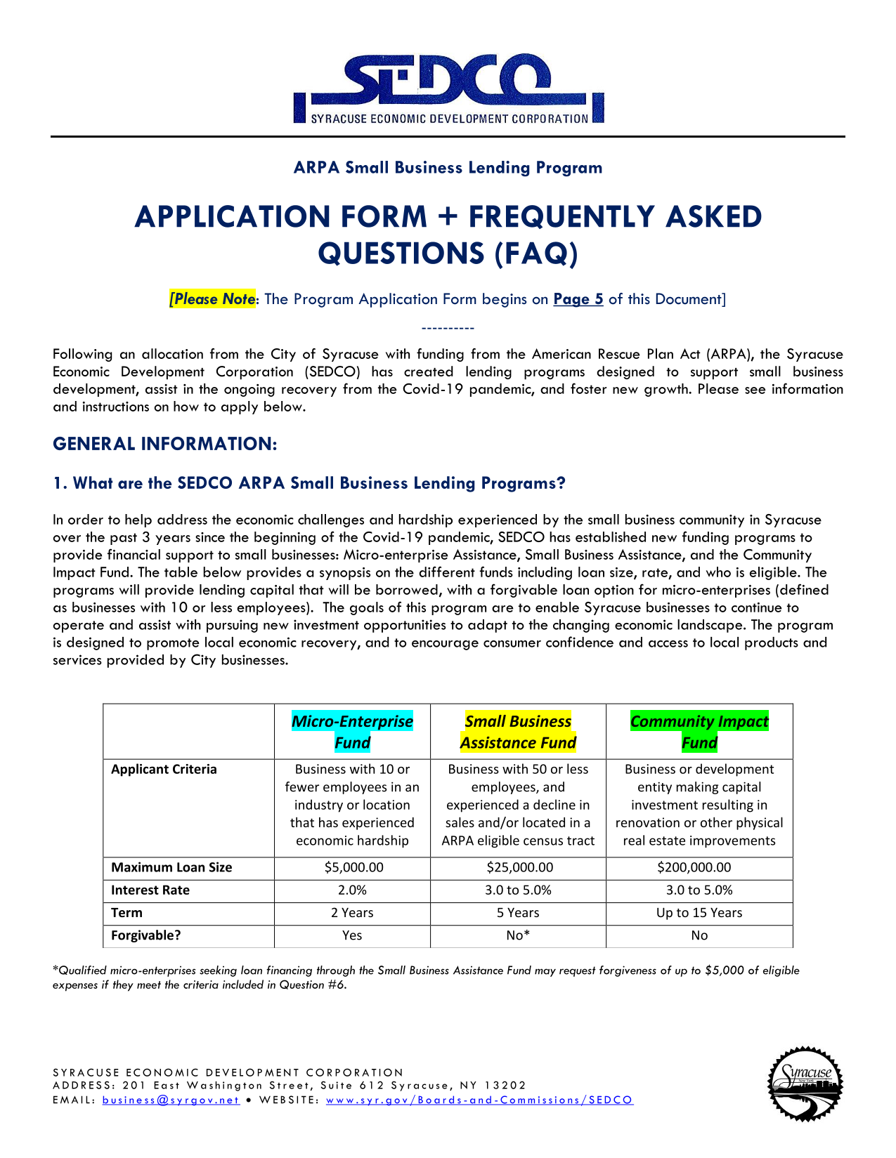ARPA Small Business Lending Program Application Form  FAQ screenshot