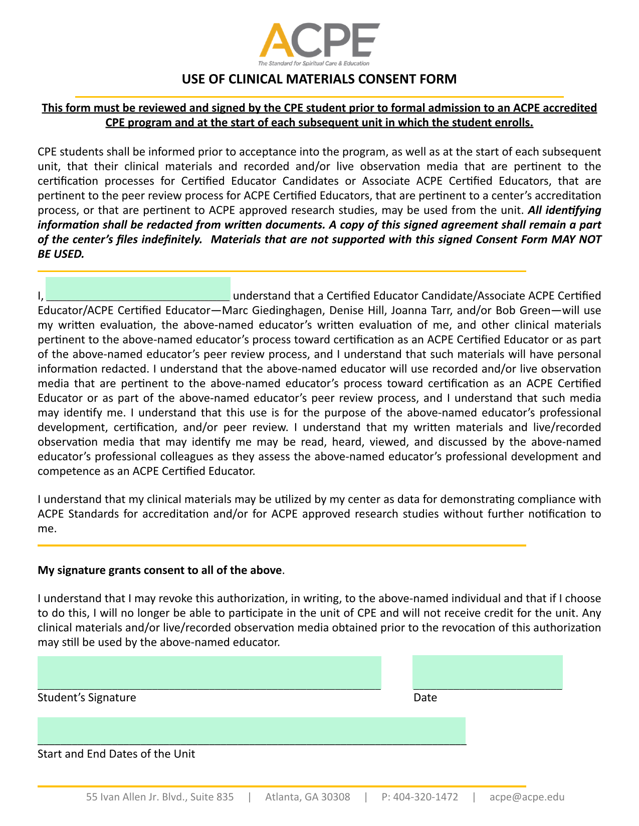 USE OF CLINICAL MATERIALS CONSENT FORM screenshot