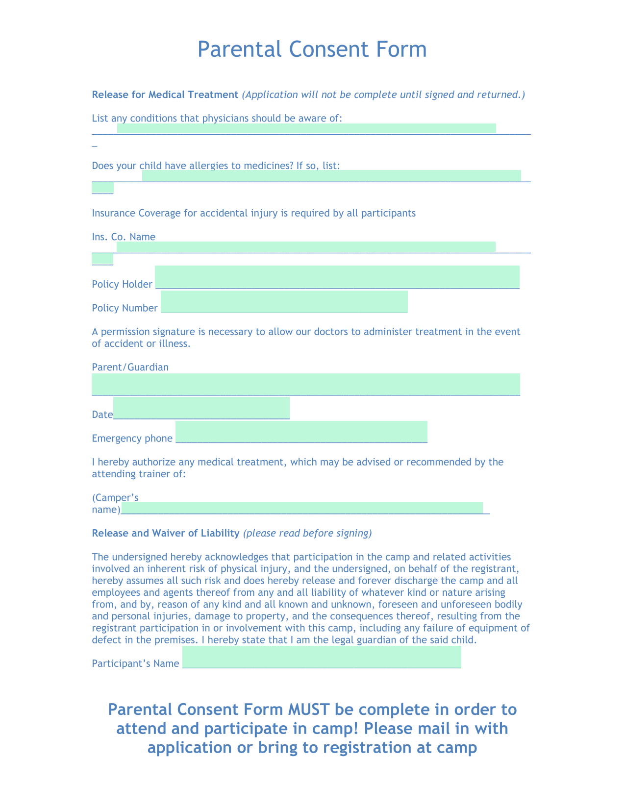 Parental Consent Form screenshot