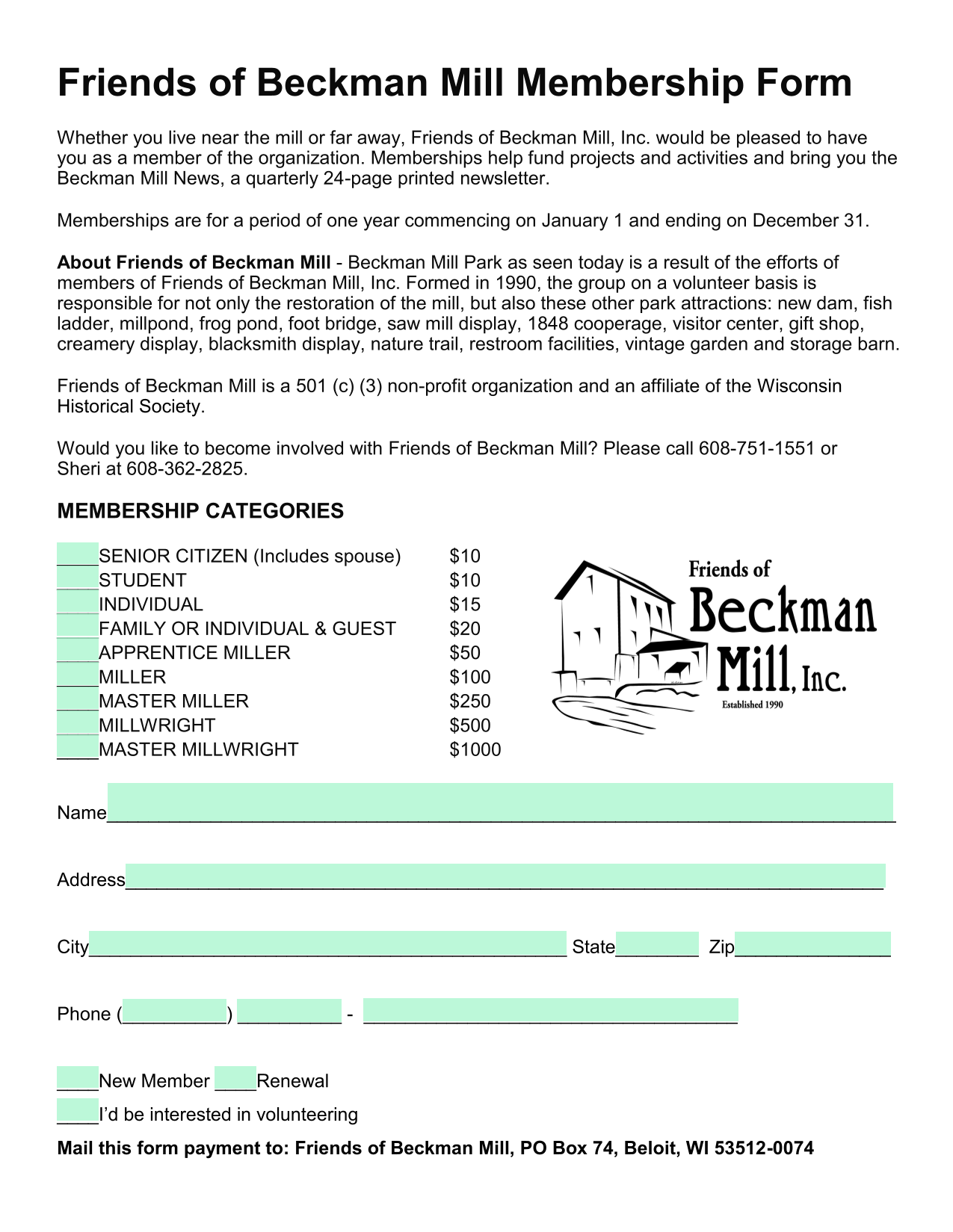 Friends Of Beckman Mill Membership Form screenshot