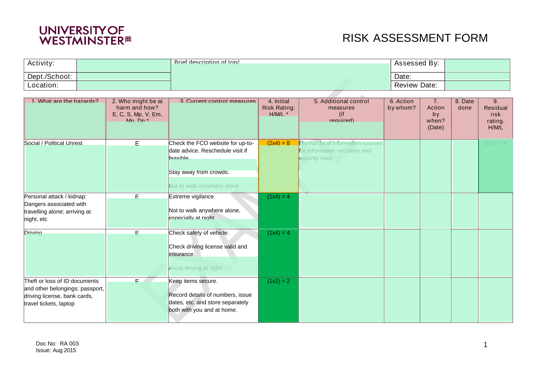 RISK ASSESSMENT FORM screenshot
