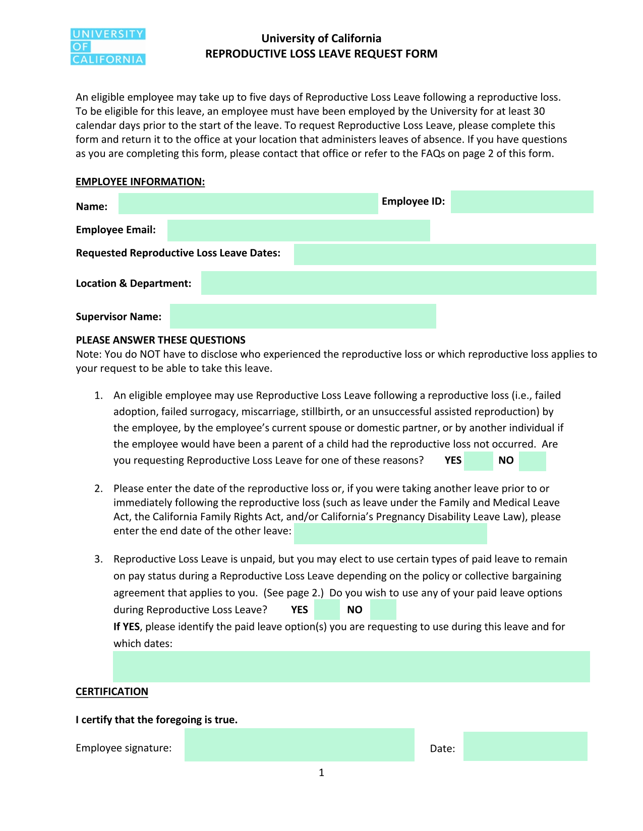 University Of California Reproductive Loss Leave Request Form screenshot