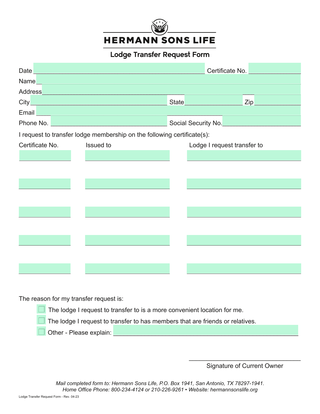 Lodge Transfer Request Form screenshot