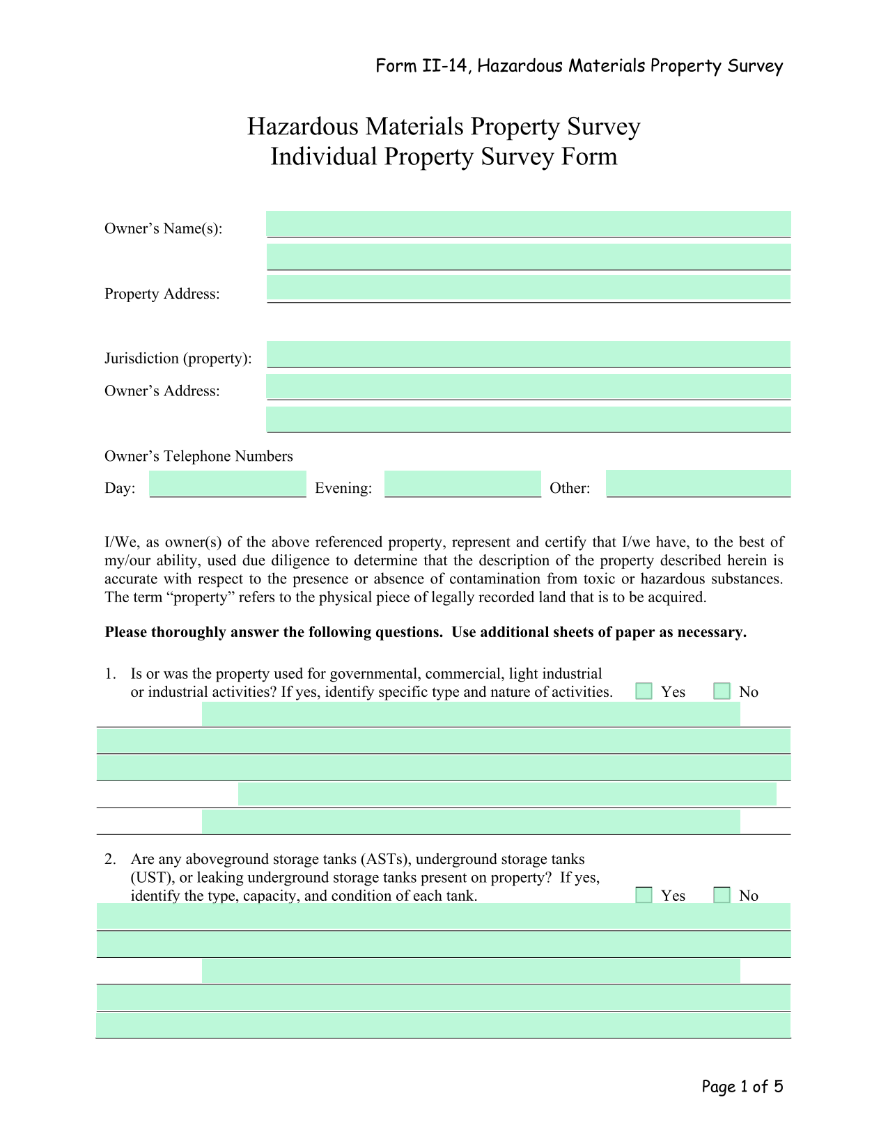 Form II 14, Hazardous Materials Property Survey screenshot