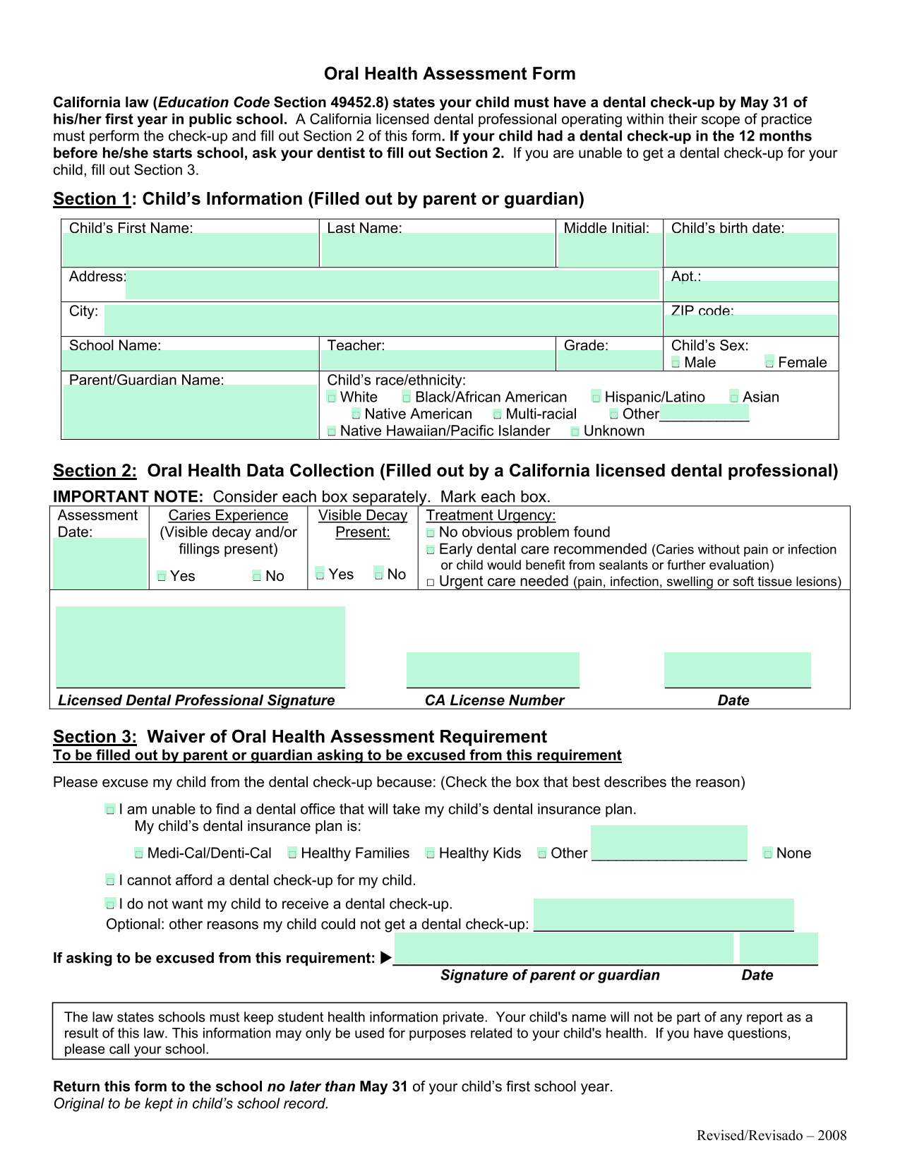 Oral Health Assessment Form screenshot