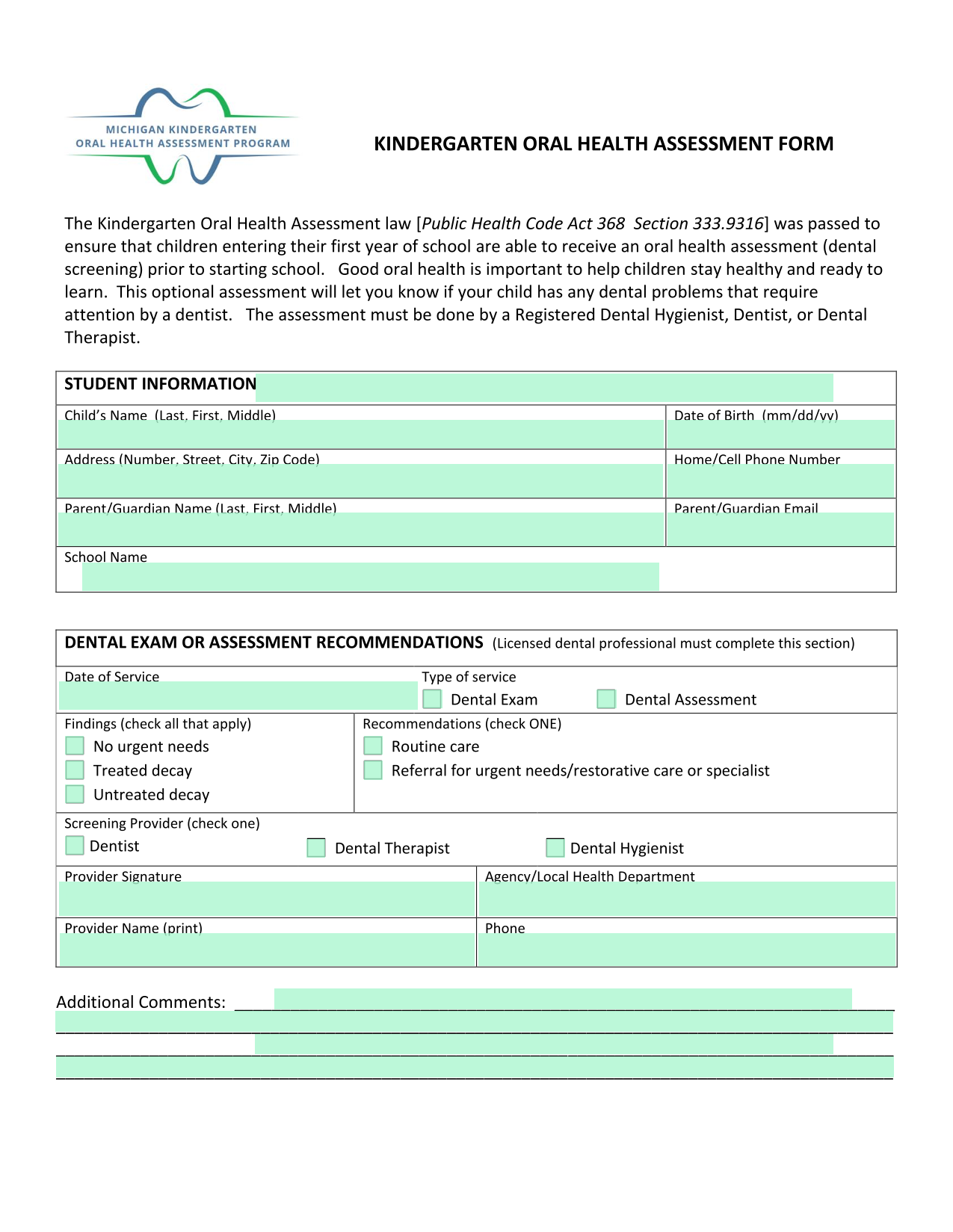 Kindergarten Oral Health Assessment Form screenshot