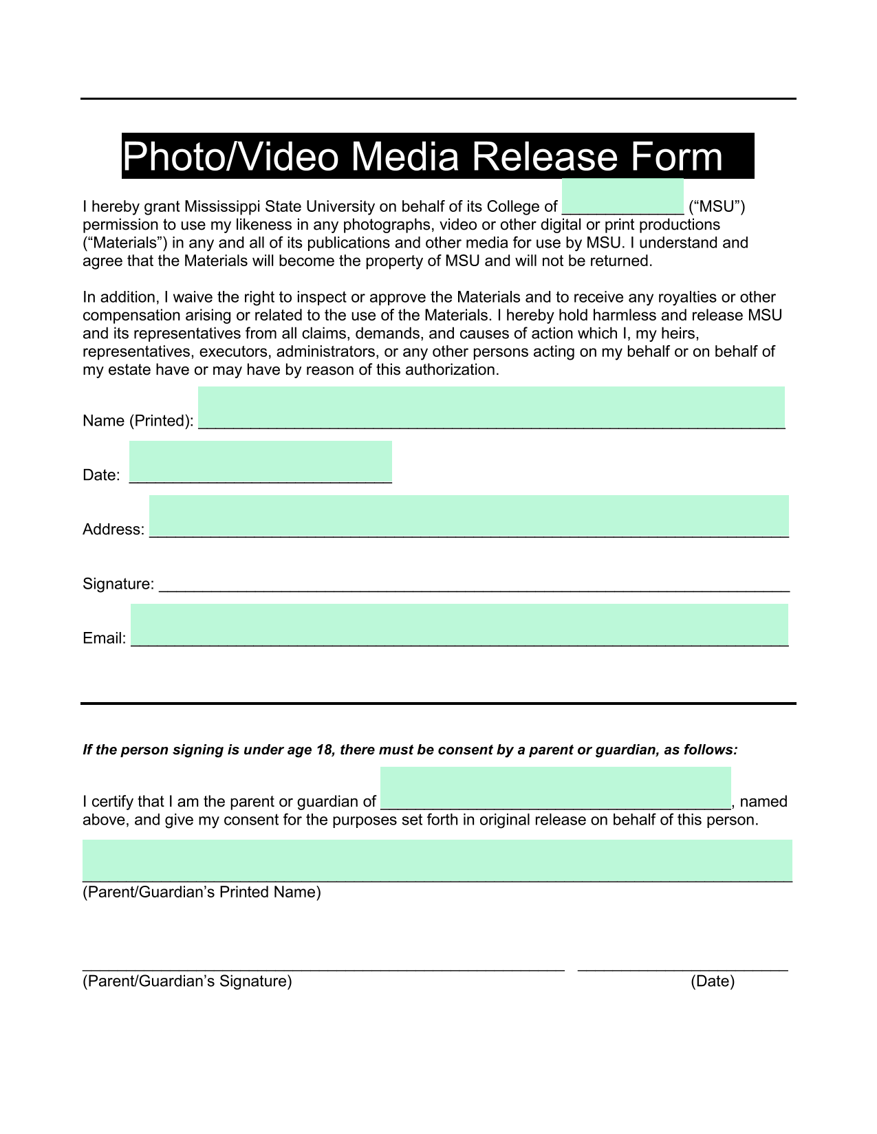 PhotoVideo Media Release Form screenshot