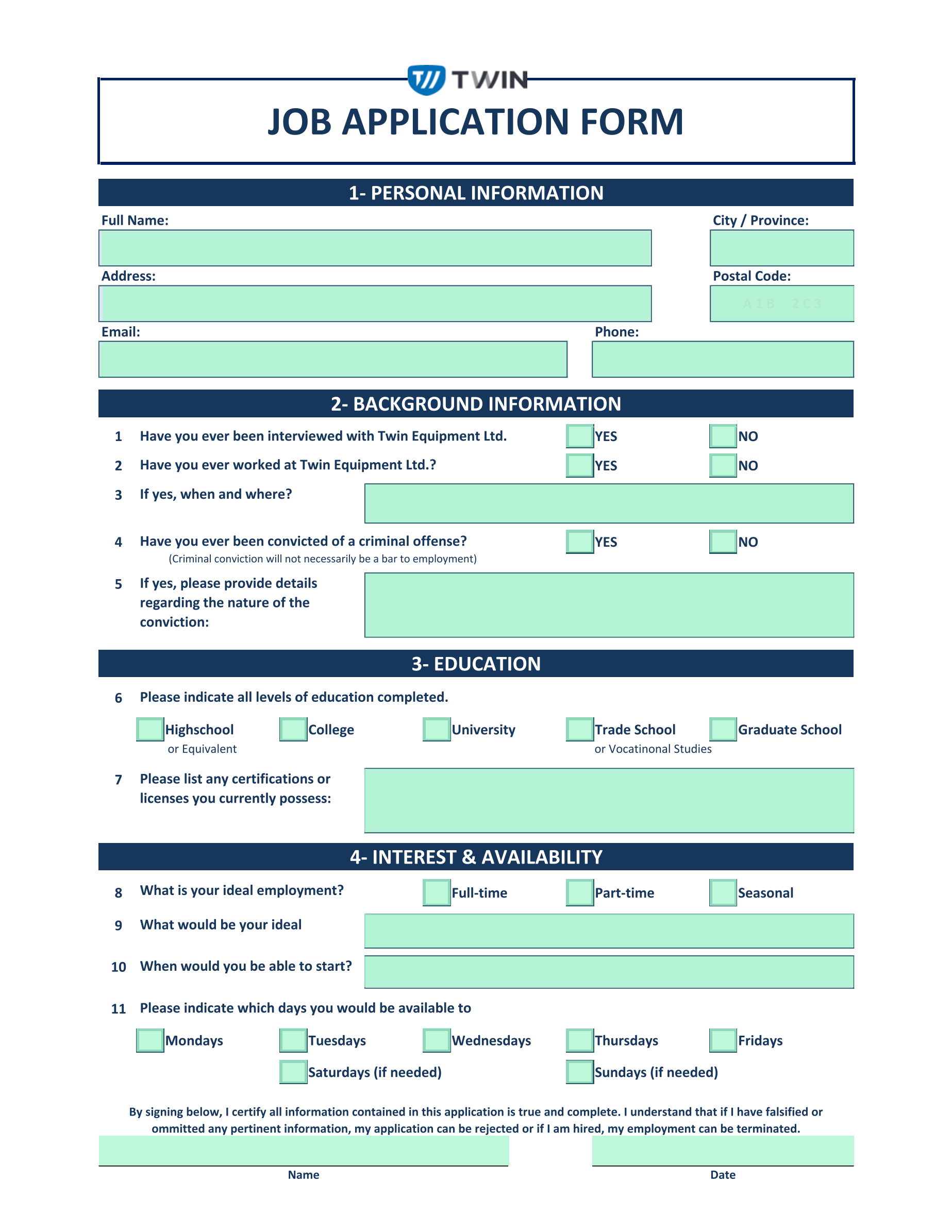 Job Application Form screenshot