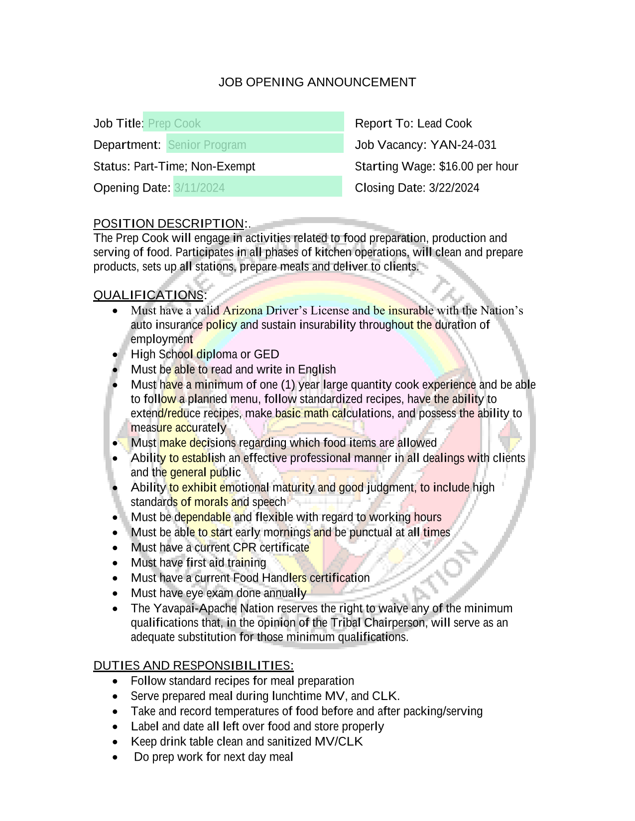 Job Opening Announcement Prep Cook screenshot