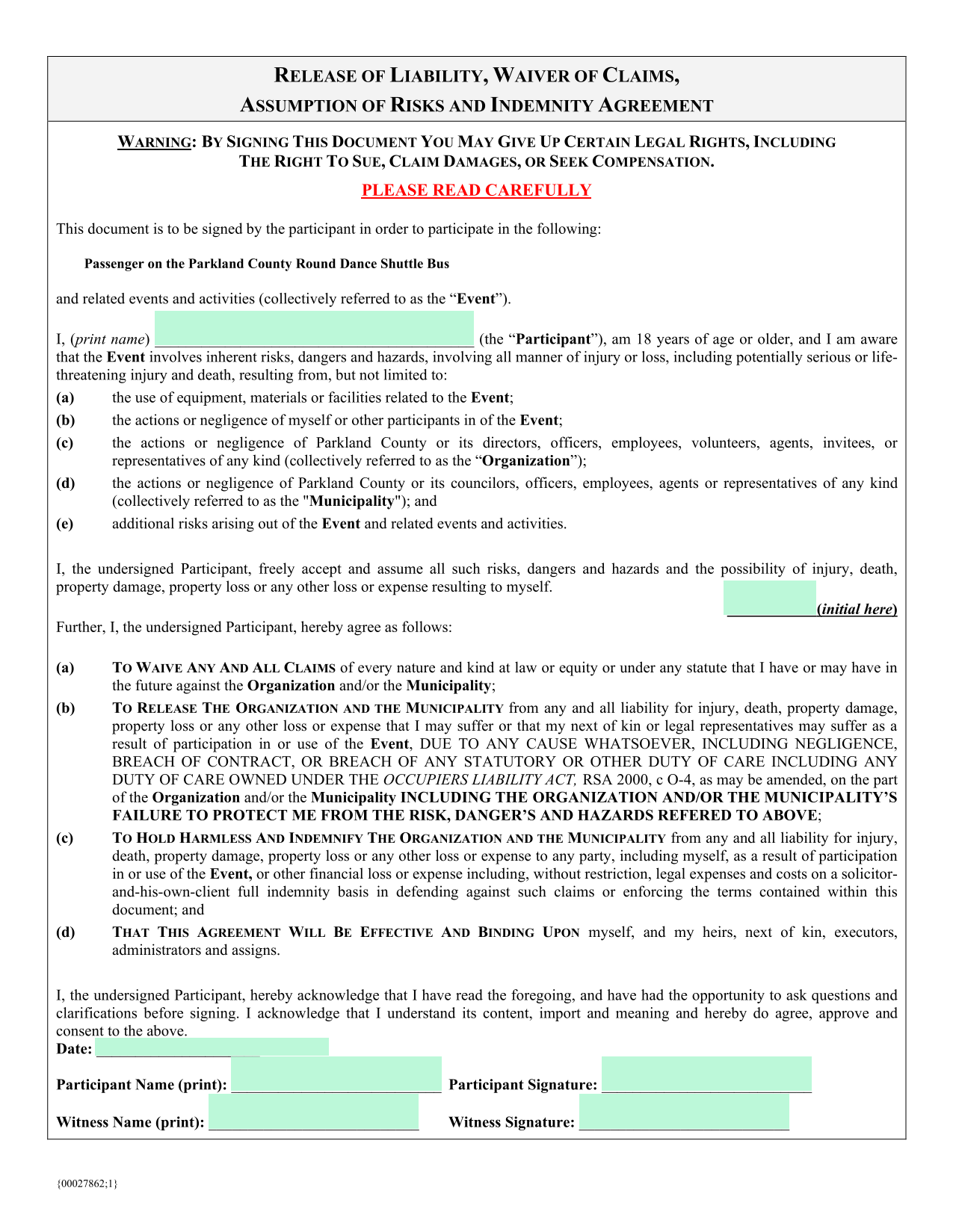 Release Of Liability, Waiver Of Claims, Assumption Of Risks And Indemnity Agreement screenshot