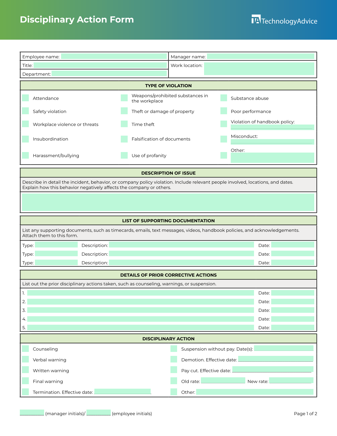 Disciplinary Action Form screenshot