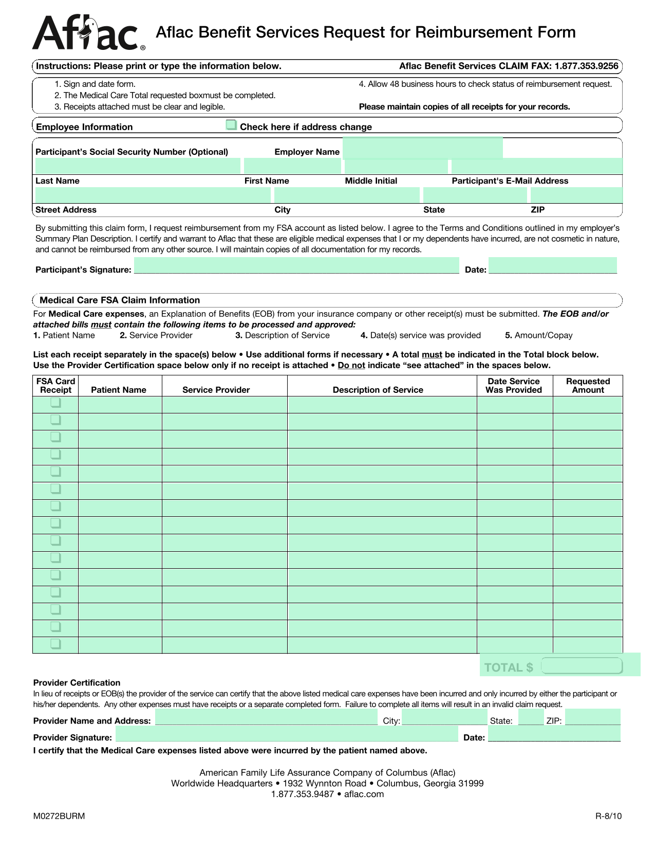 Aflac Benefit Services Request For Reimbursement Form screenshot