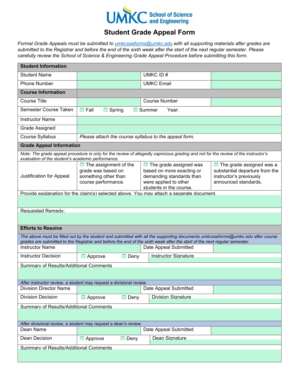Student Grade Appeal Form screenshot