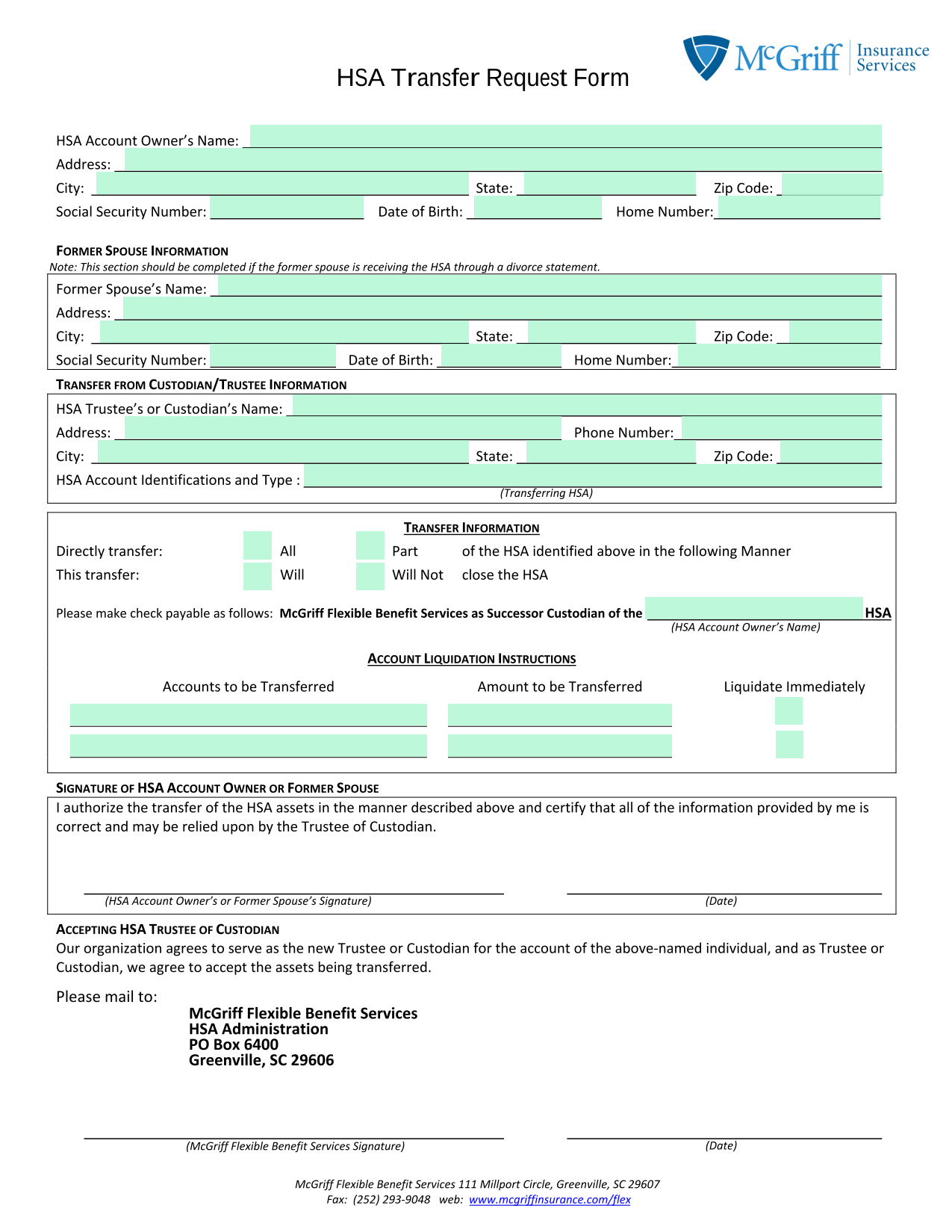 HSA Transfer Request Form screenshot