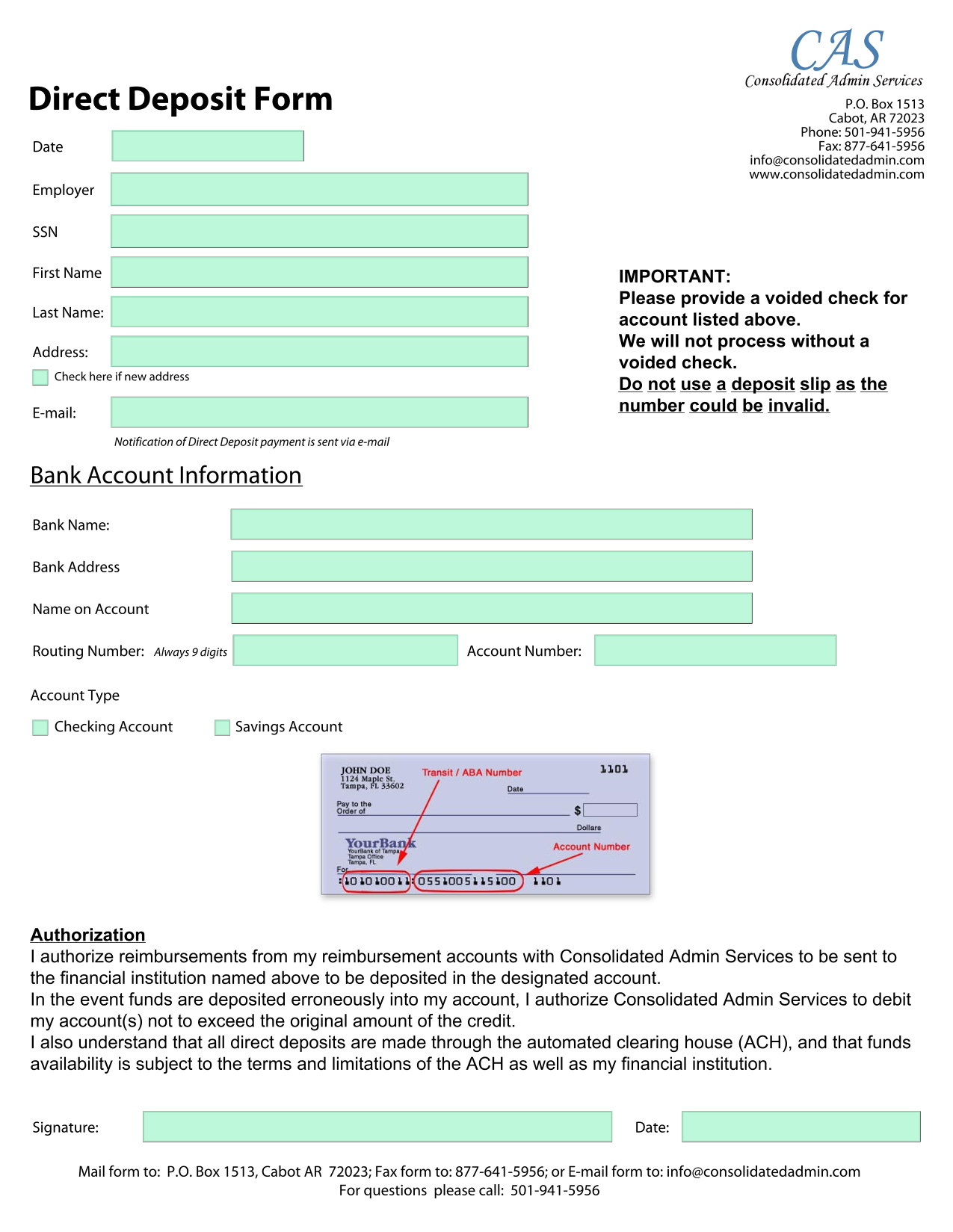 Direct Deposit Form screenshot