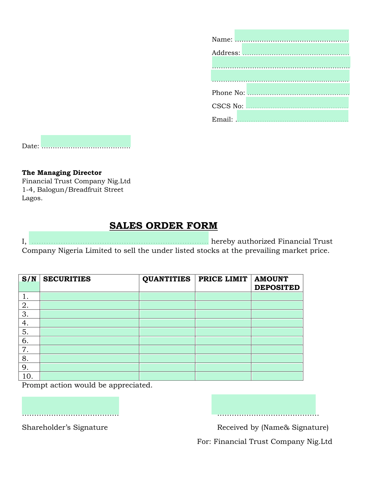Sales Order Form screenshot