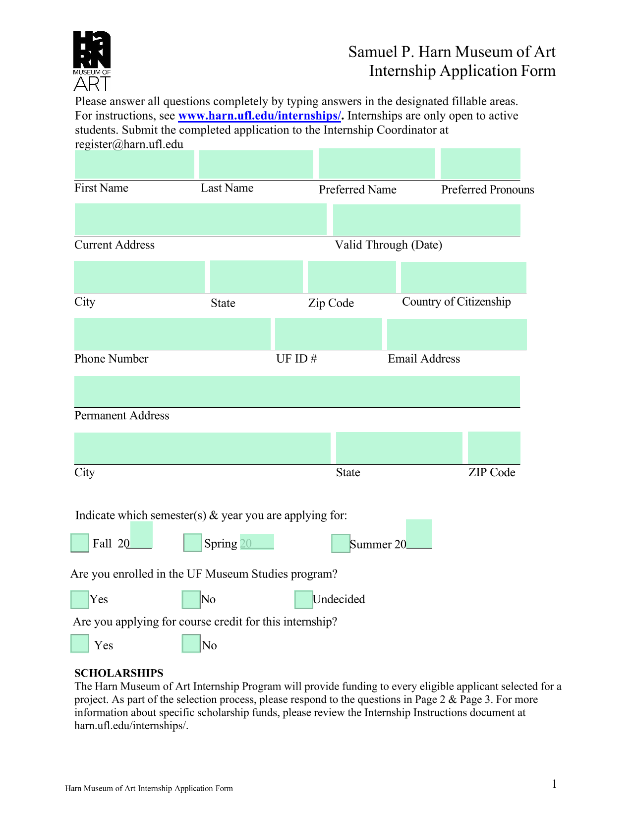 Harn Museum Of Art Internship Application Form screenshot