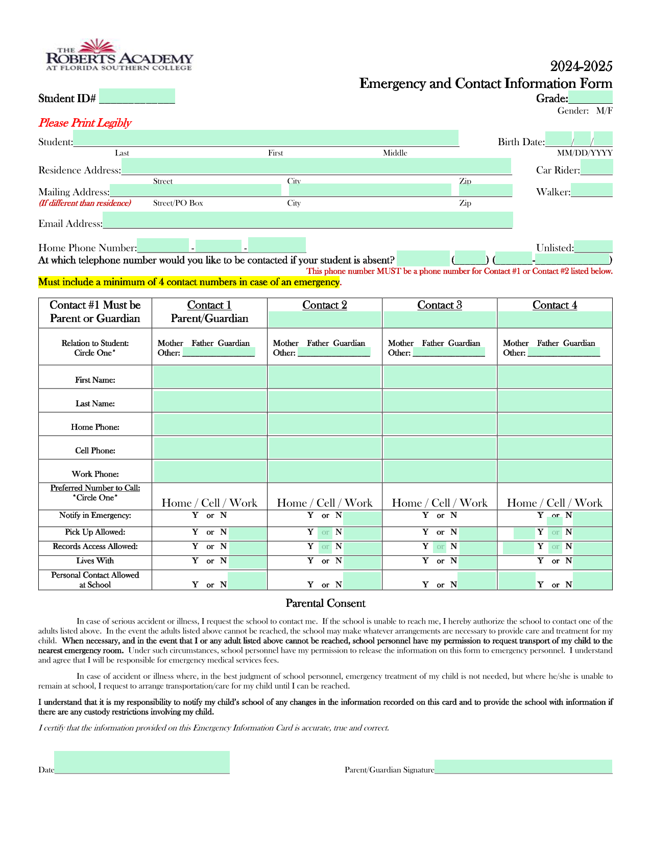 Emergency And Contact Information Form screenshot