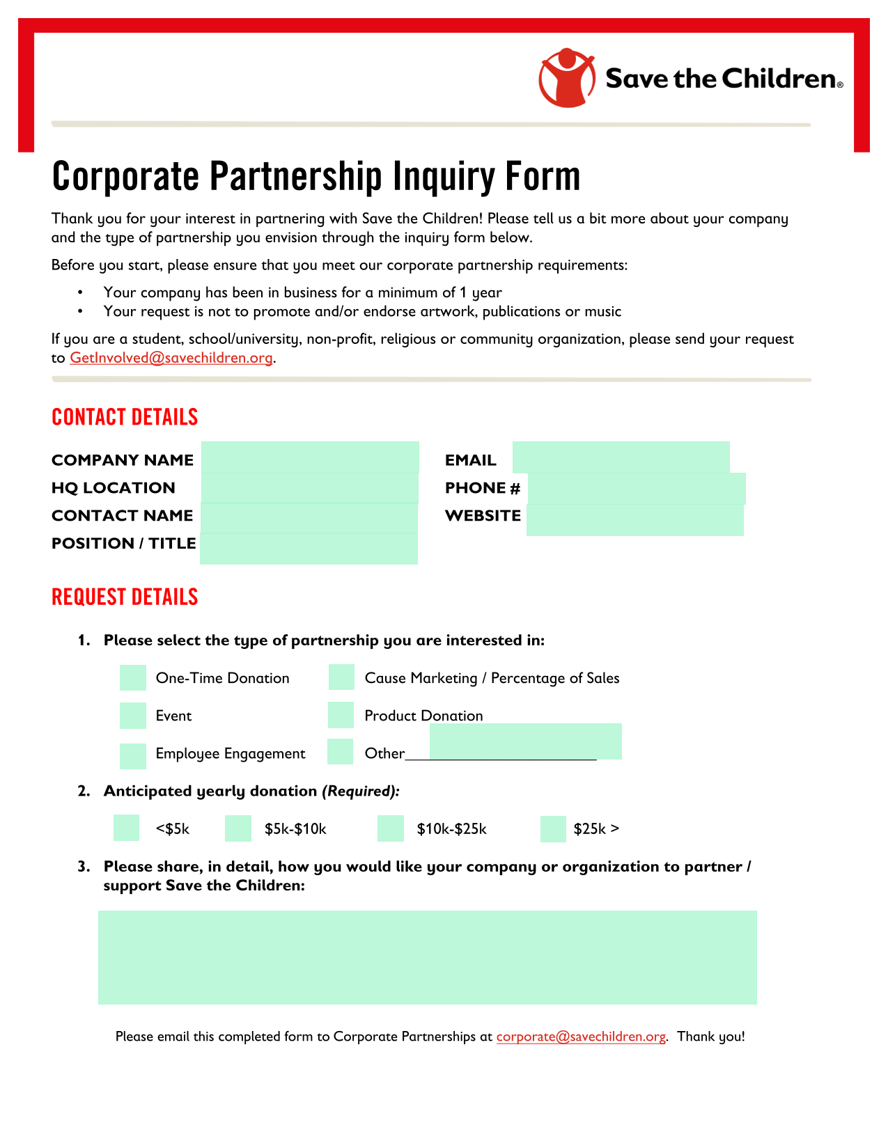 Corporate Partnership Inquiry Form screenshot
