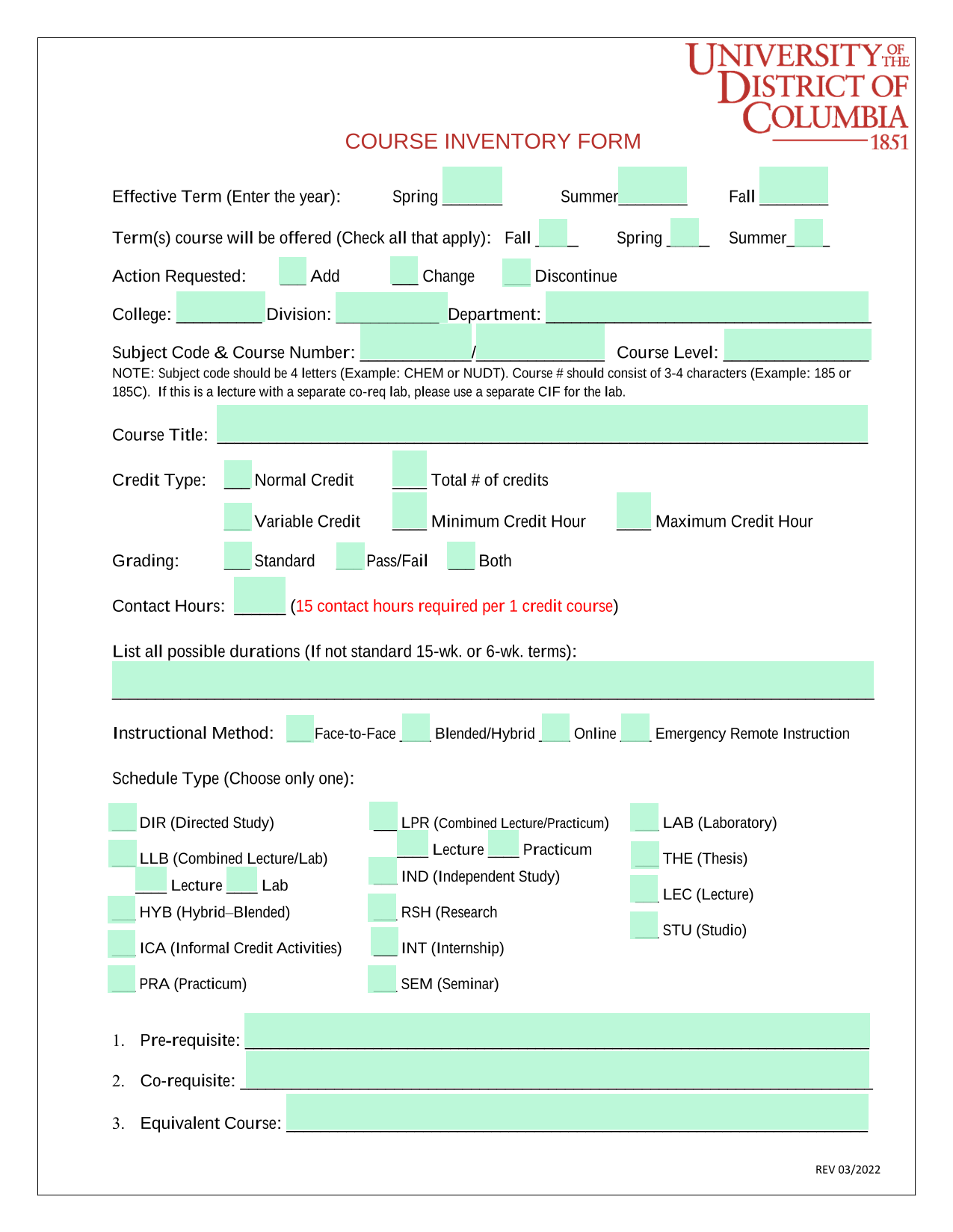 Course Inventory Form screenshot