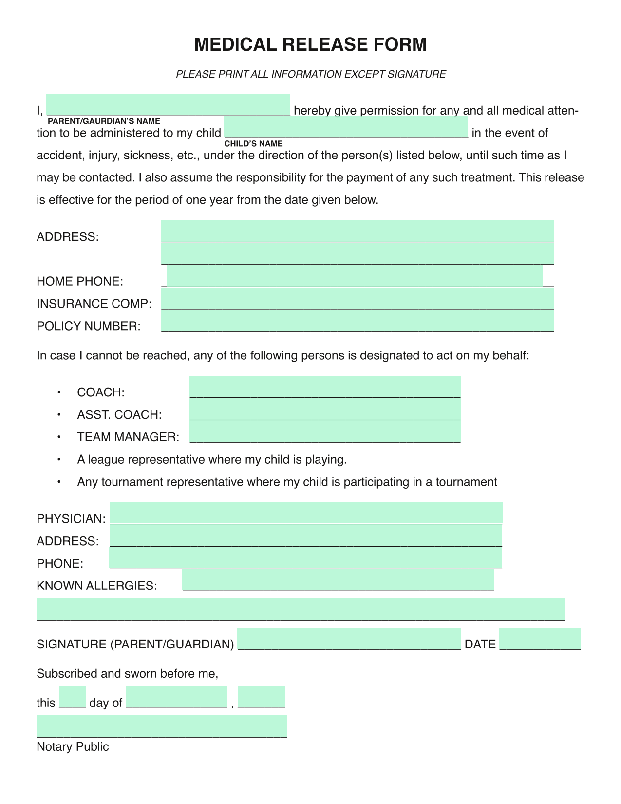 Medical Release Form screenshot